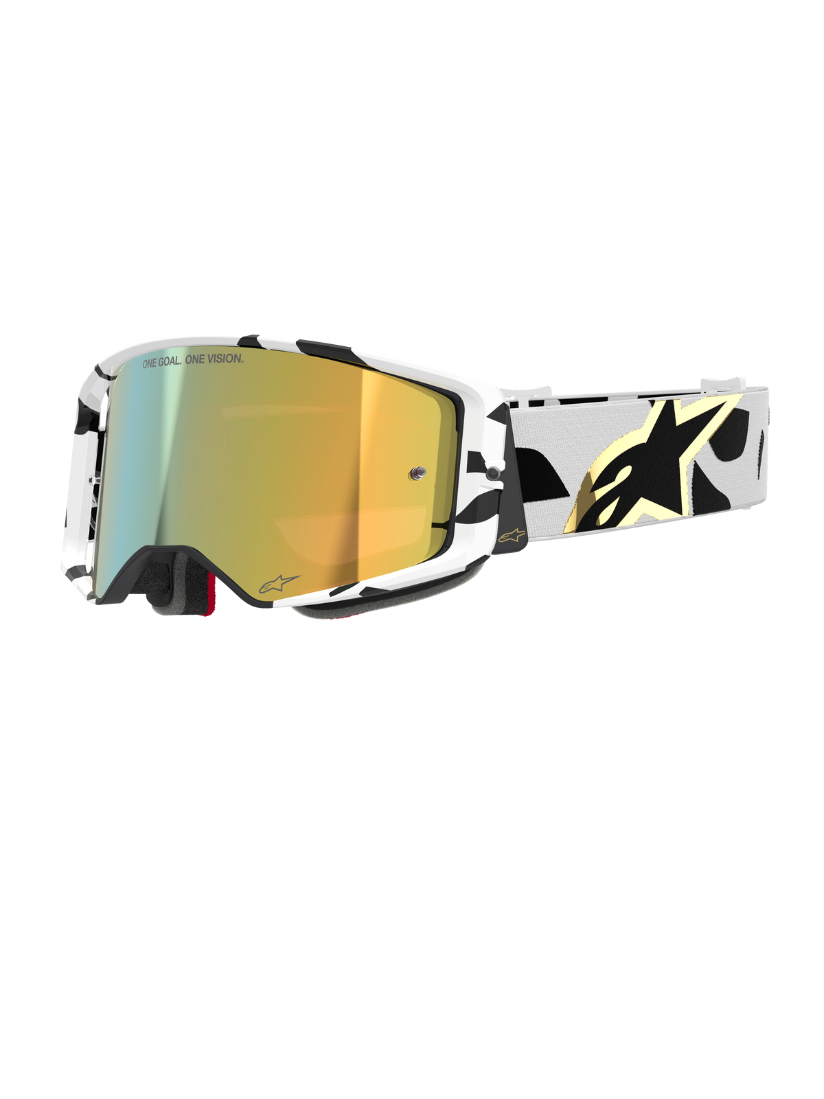Alpinestars Supertech Corp Goggles Absolute Vision, gogle motocrossowe, biało-czarna wzorzysta oprawka ze złotą lustrzaną soczewką, szeroki pasek z czarnym abstrakcyjnym wzorem i złotym logo Alpinestars, napis "ONE GOAL. ONE VISION." na soczewce, wysokiej klasy sprzęt wyścigowy