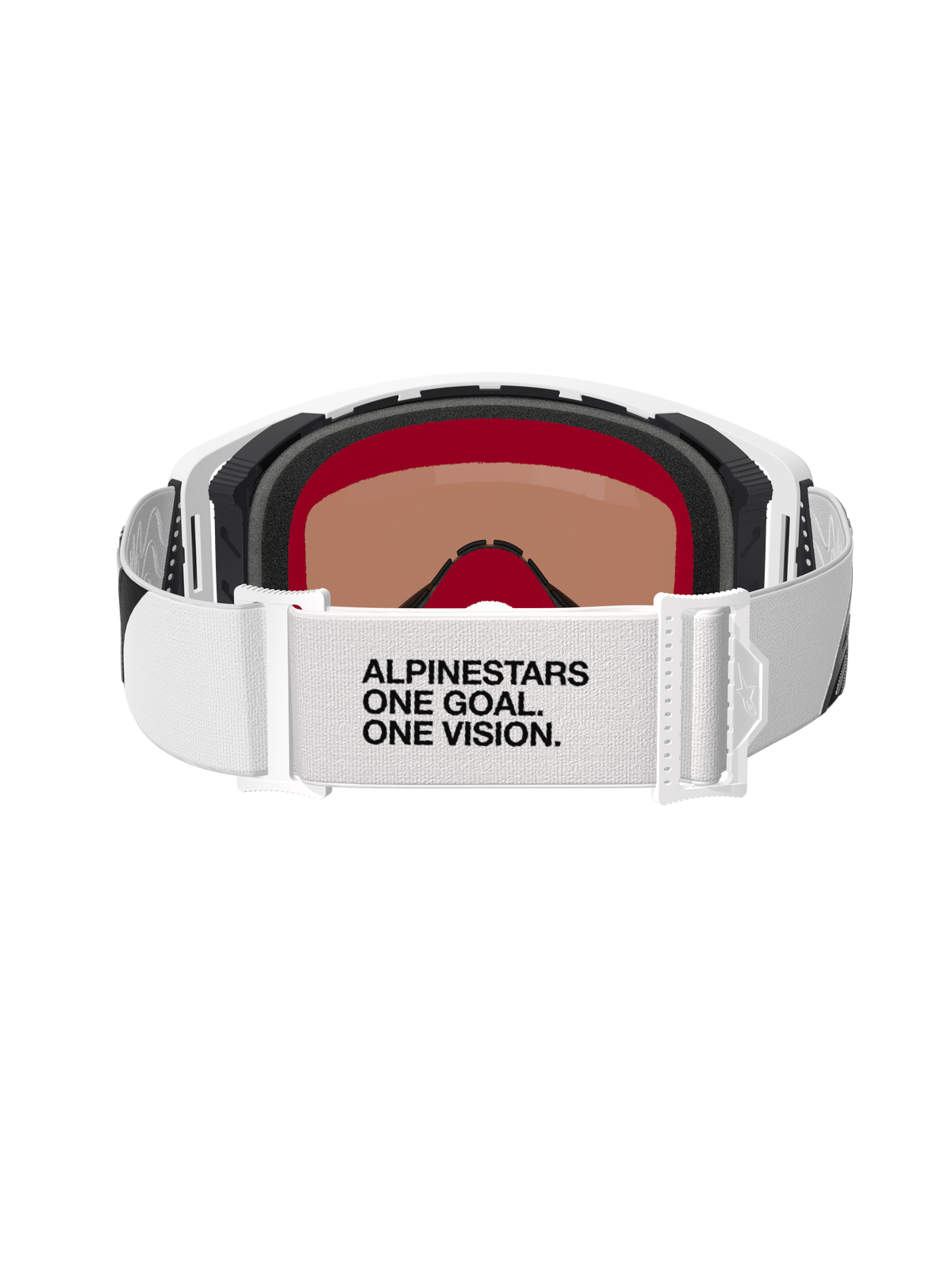 Gogle Alpinestars Supertech Corp Absolute Vision, gogle motocrossowe, białe ze srebrną lustrzanką, widok z tyłu przedstawiający biały pasek z napisem „ALPINESTARS ONE GOAL. ONE VISION.”, wielowarstwowa pianka i nowoczesny design białych oprawek