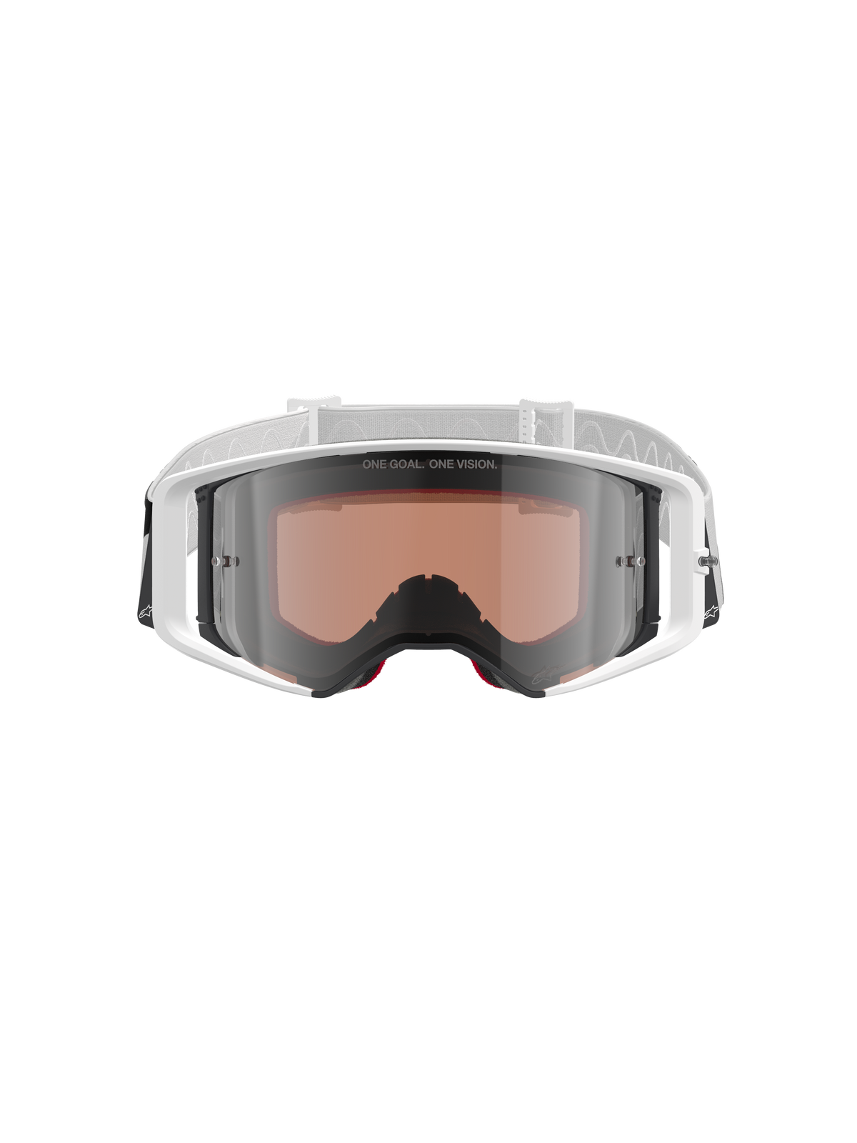 Gogle Alpinestars Supertech Corp Absolute Vision, gogle motocrossowe, białe ze srebrną lustrzaną soczewką, widok z przodu z białą oprawką i srebrną lustrzaną soczewką z napisem „ONE GOAL. ONE VISION.”, regulowany biały pasek z logo Alpinestars, wysokiej klasy gogle ochronne do jazdy off-road