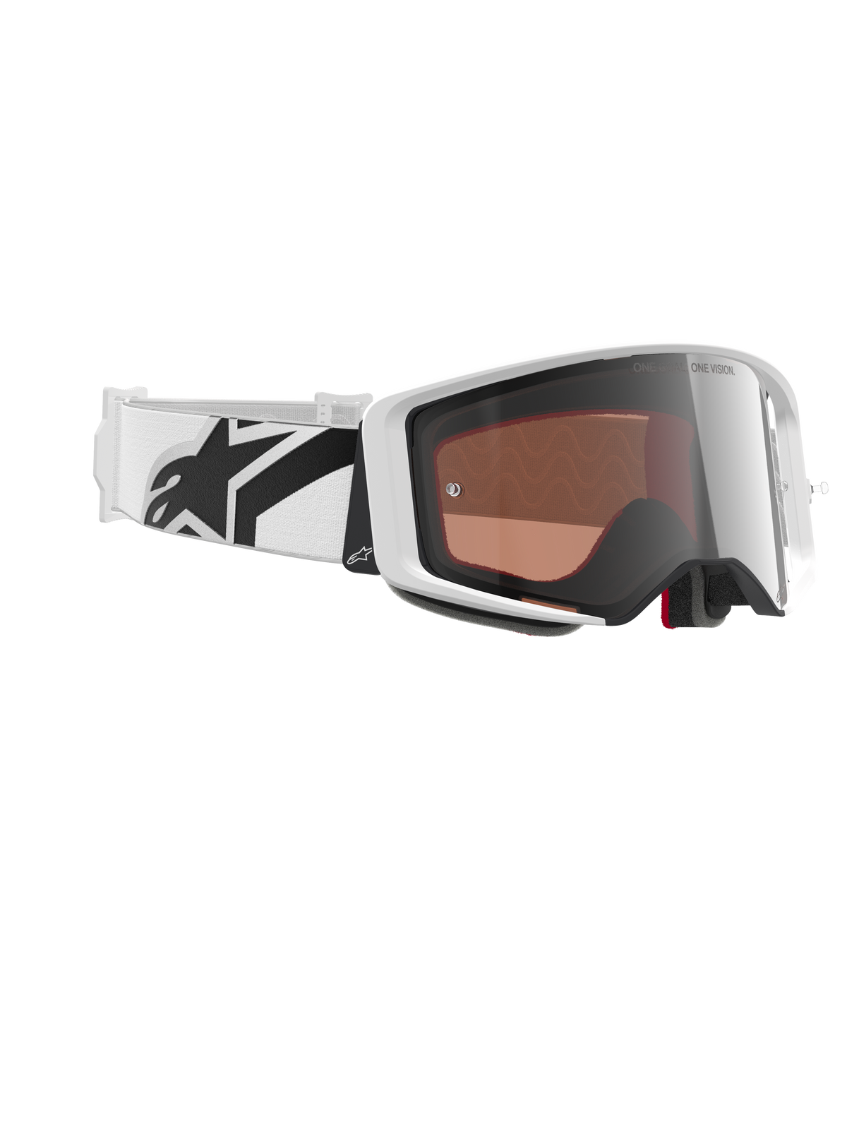Alpinestars Supertech Corp Goggles Absolute Vision, gogle motocrossowe, białe i srebrne lustrzane, biała oprawka z lustrzaną srebrną soczewką, szeroki biały regulowany pasek z wyraźnym czarnym logo gwiazdy, profesjonalne gogle do wyścigów terenowych
