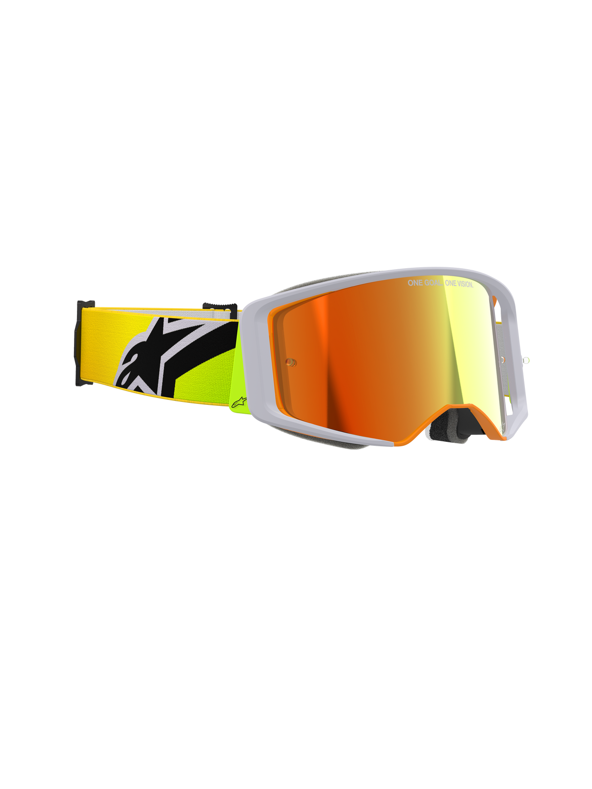 Alpinestars Gogle Supertech Corp Absolute Vision, gogle motocrossowe, żółte fluo i szare, czerwona lustrzana soczewka, widok z boku ukazujący szerokie pole widzenia peryferyjnego i żółty pasek fluo z wyraźnym czarnym logo Alpinestars, profesjonalny sprzęt do wyścigów off-road.