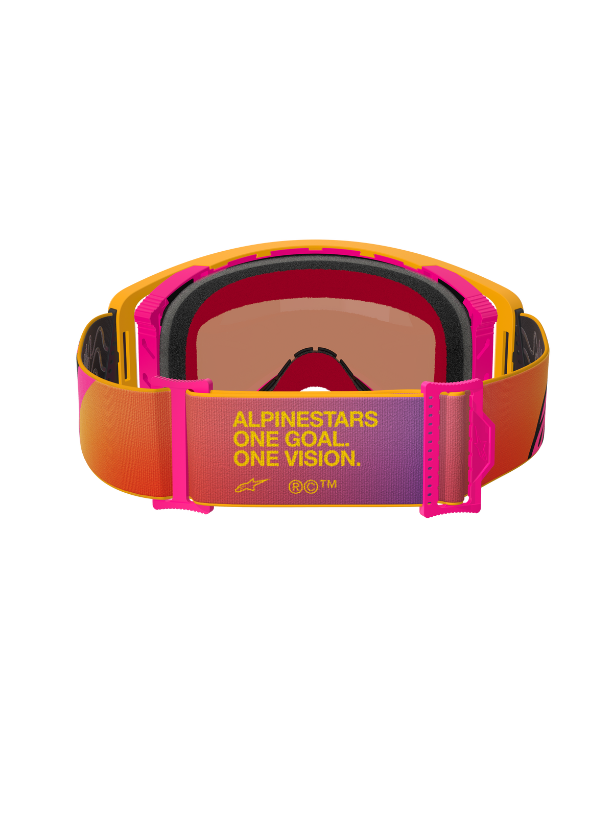 Alpinestars Supertech Corp Goggles Absolute Vision, gogle motocrossowe, żółto-różowa oprawka z wielokolorowym paskiem z gradientem, widok z tyłu prezentujący czarną wielowarstwową piankę do twarzy oraz napis „ALPINESTARS ONE GOAL. ONE VISION.”, wysokiej klasy ochrona oczu off-road