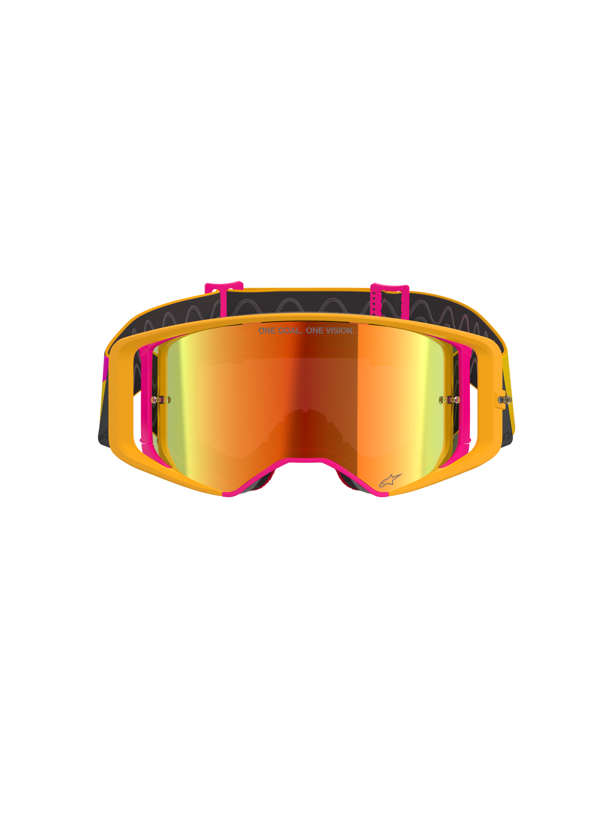 Alpinestars Supertech Corp Goggles Absolute Vision, gogle motocrossowe, żółto-różowa oprawka z czerwoną lustrzaną soczewką, widok z przodu, z napisem „ONE GOAL. ONE VISION.” na soczewce, regulowany czarny pasek z silikonowymi elementami poprawiającymi przyczepność