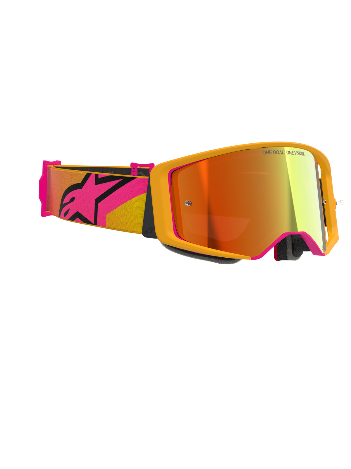 Alpinestars Supertech Corp Goggles Absolute Vision, gogle motocrossowe, żółte z różowymi akcentami i czerwoną lustrzaną soczewką, szeroki różowo-żółty pasek z dużym logo Alpinestars, napis „ONE GOAL. ONE VISION.” na soczewce, wysokiej klasy gogle wyścigowe do użytku off-road
