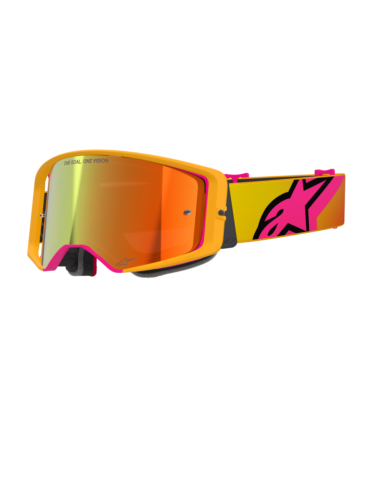 Gogle Alpinestars Supertech Corp Absolute Vision, gogle motocrossowe, żółte i różowe z czerwoną lustrzaną soczewką, jasnożółta oprawka, lustrzana soczewka z pomarańczowymi i czerwonymi refleksami, żółty pasek z dużym różowym logo gwiazdy Alpinestars, profesjonalne gogle do jazdy terenowej