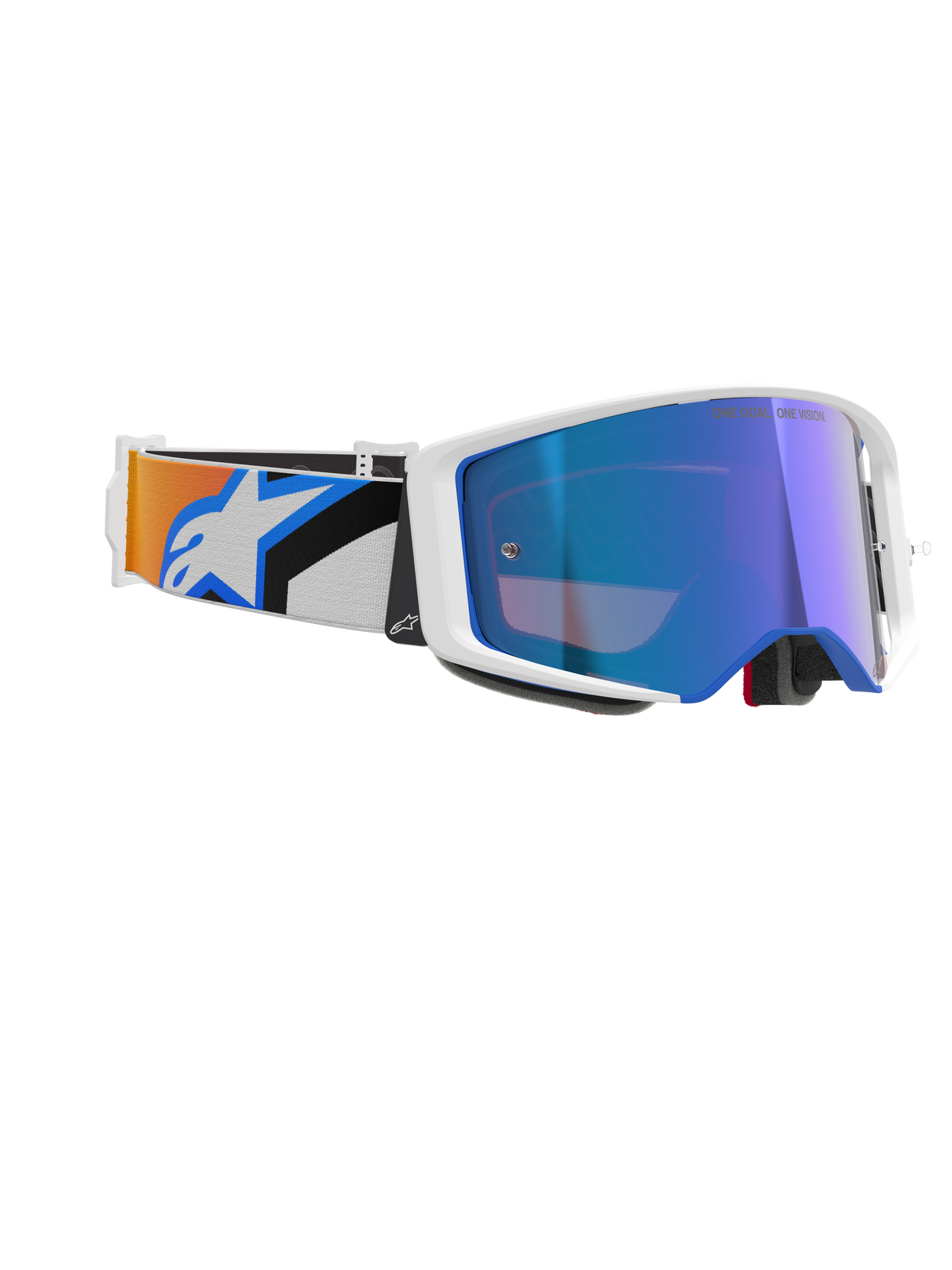 Alpinestars Supertech Corp Goggles Absolute Vision, Motocross Goggles, White Frame with Blue Mirror Lens, adjustable strap with blue and orange graphic design and Alpinestars logo, professional off-road racing eyewear