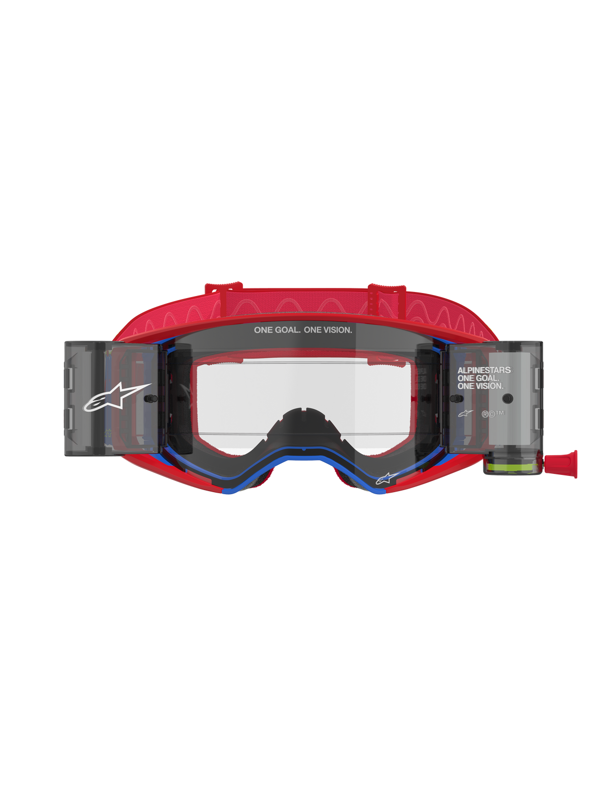 Alpinestars Supertech Corp Goggles Roll Off, Motocross Goggles, Red and Blue, Clear injection-molded lens with integrated roll-off canisters and film, red patterned strap, professional off-road racing eye protection