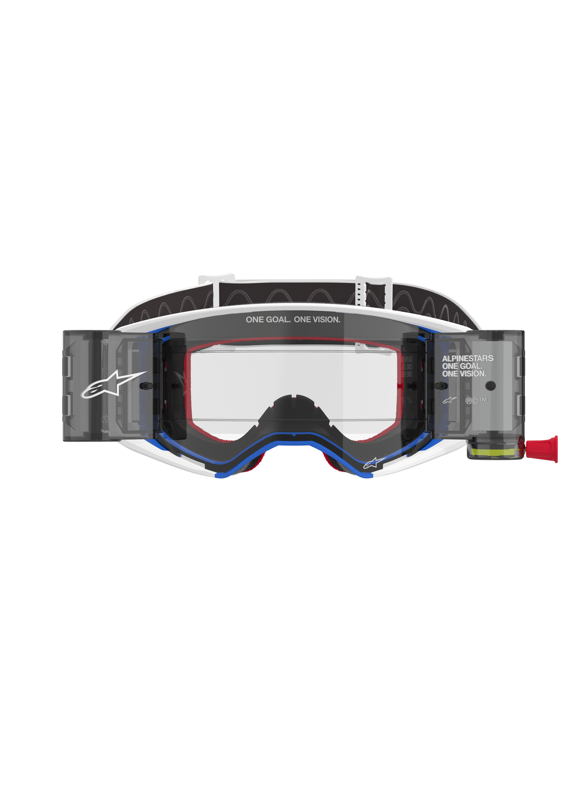 Alpinestars Supertech Corp Goggles Roll Off, gogle motocrossowe, niebiesko-biała oprawka z pomarańczowymi akcentami, zintegrowany system roll-off o szerokim polu widzenia z przezroczystą soczewką, profesjonalna ochrona oczu off-road z logo Alpinestars i napisem „One Goal. One Vision.”