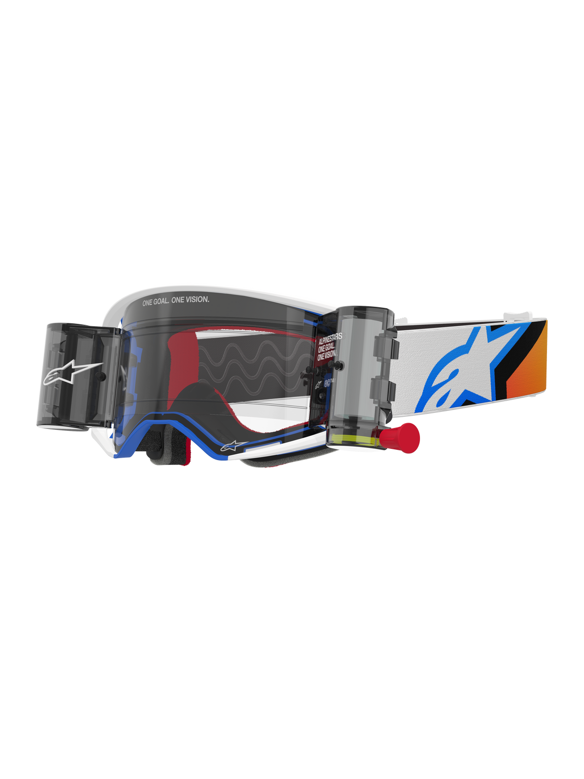 Alpinestars Supertech Corp Goggles Roll Off, gogle motocrossowe, niebiesko-pomarańczowy design, biała oprawka z przezroczystą szybką i systemem roll-off, wyposażone w zasobniki wide vision oraz niebieskie logo Astars na pasku