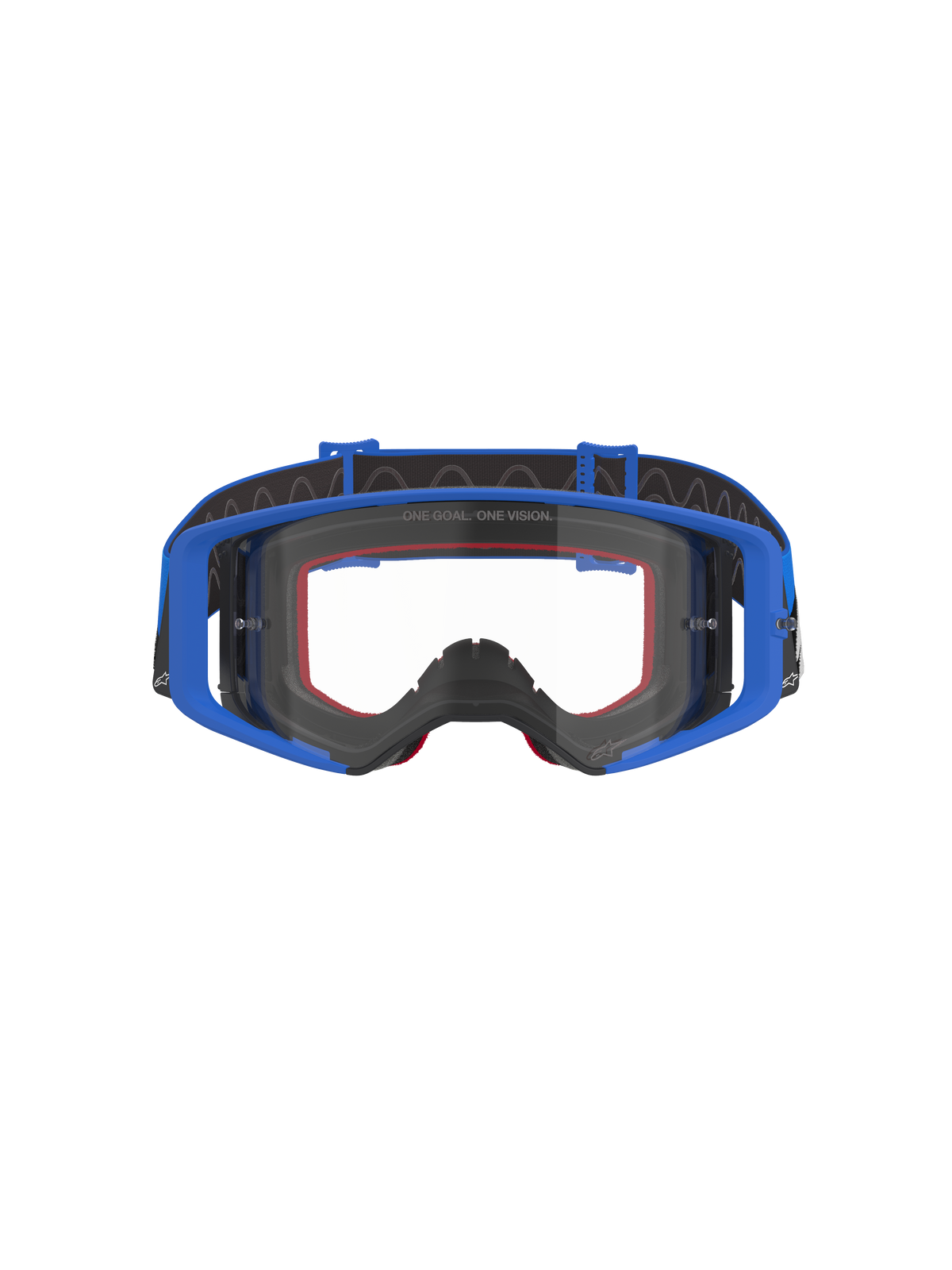 Gogle Alpinestars Supertech Stream, gogle motocrossowe i off-road, niebieskie z przezroczystą szybką, niebieska oprawka, czerwona pianka, czarny regulowany pasek z wewnętrznym silikonowym wykończeniem, napis „ONE GOAL. ONE VISION.” na szybce, wysokiej jakości gogle ochronne do wyścigów.