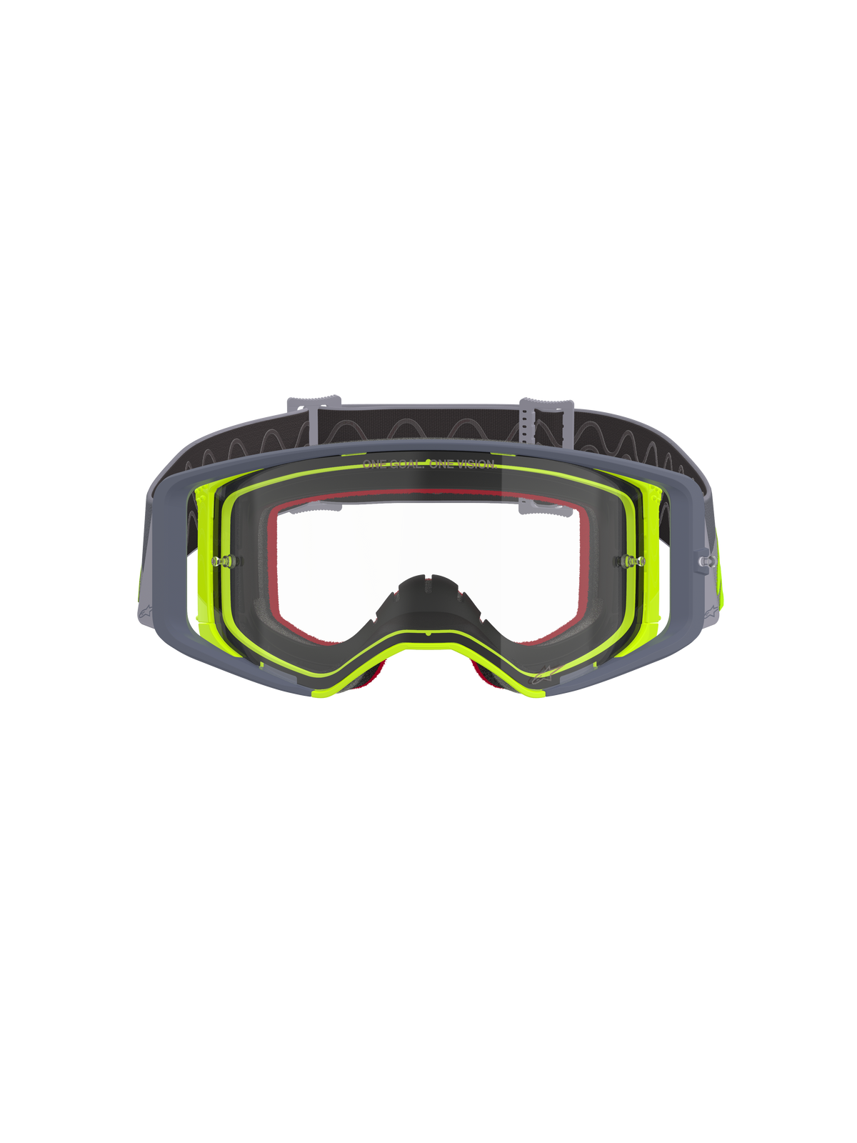 Gogle Alpinestars Supertech Stream, gogle motocrossowe, szaro-żółta fluorescencyjna oprawka z przezroczystą szybką, widok z przodu ukazujący konstrukcję o szerokim polu widzenia i techniczną budowę oprawki, ochrona oczu do wyścigów terenowych