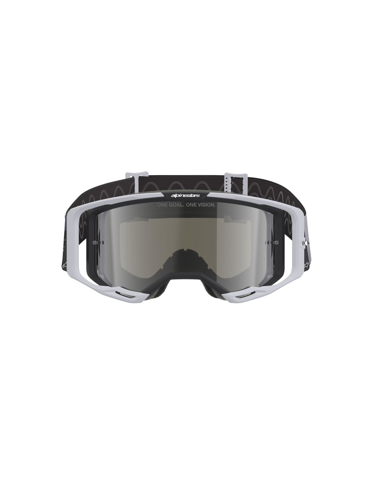 Alpinestars Vision 8 Lahnd Goggles, gogle motocrossowe, Iron Camo Mirror Silver, jasnoszara oprawka z lustrzaną srebrną soczewką, czarny pasek z falistym wzorem, profesjonalne gogle do jazdy off-road i motocrossu