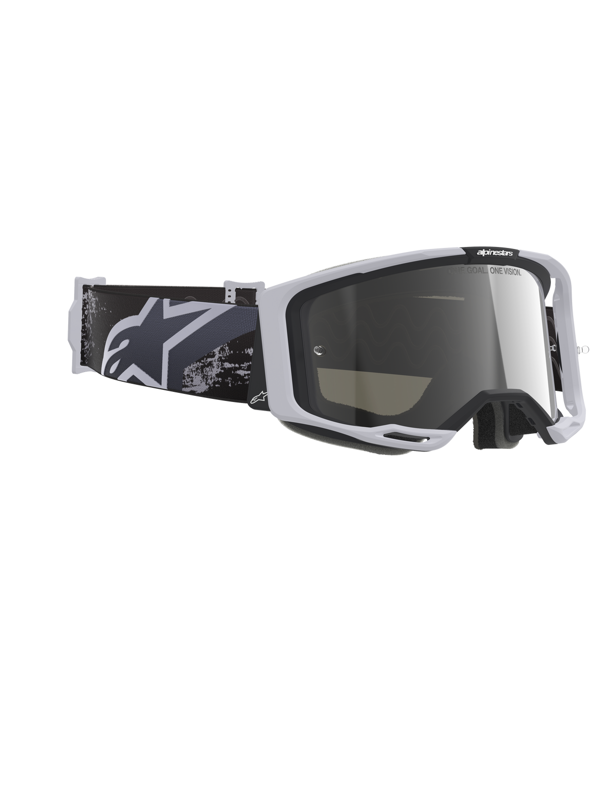 Alpinestars Vision 8 Lahnd Goggles, gogle motocrossowe, Iron Camo Mirror Silver, jasnoszara oprawka z lustrzaną srebrną szybką, czarno-szary pasek z wzorem kamuflażu i białym logo Alpinestars, wyczynowa ochrona oczu off-road