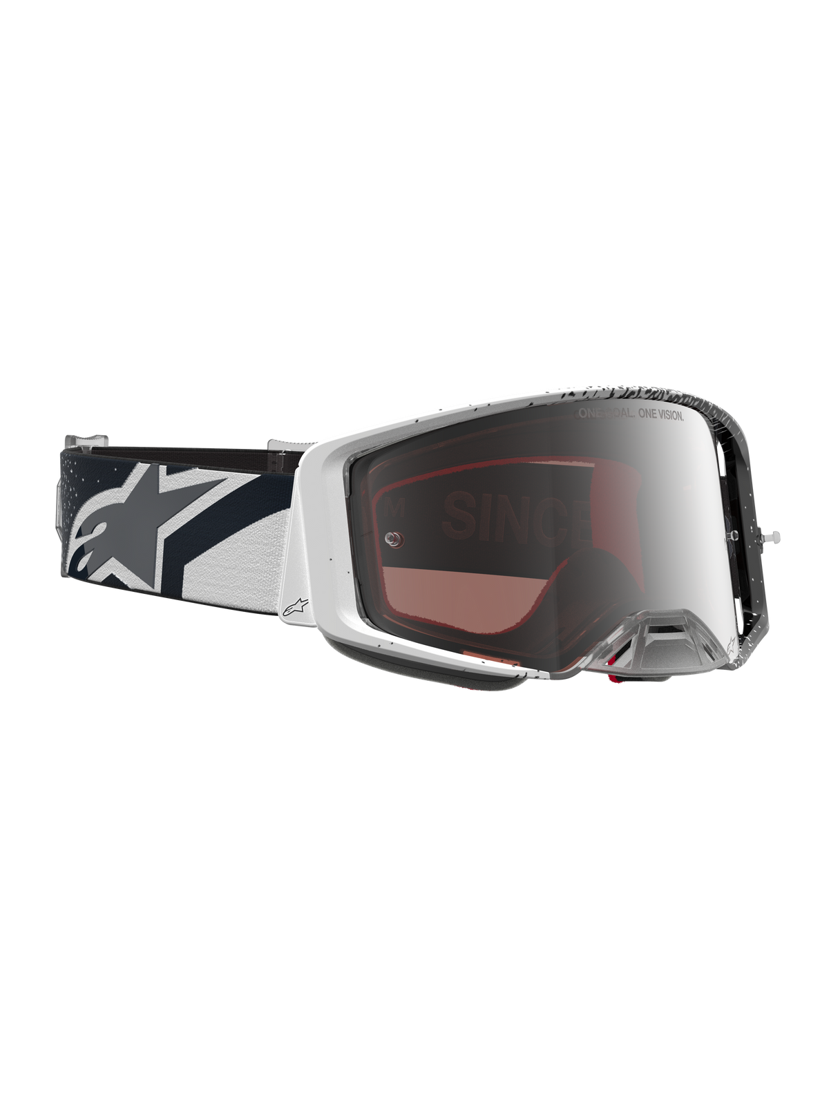 Alpinestars Supertech Hiten, gogle motocrossowe białe i czarne, srebrna lustrzana soczewka, pasek z logo, sprzęt MX