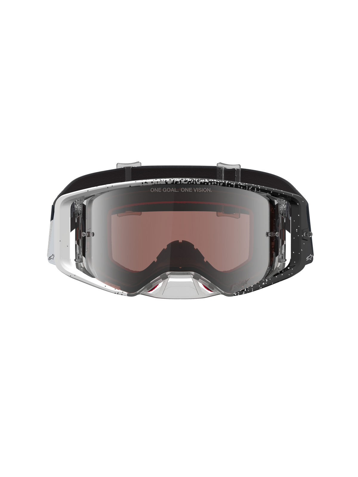 Alpinestars Gogle Supertech Hiten, gogle motocrossowe do jazdy off-road, białe i czarne z nakrapianą oprawką oraz srebrną lustrzaną soczewką.