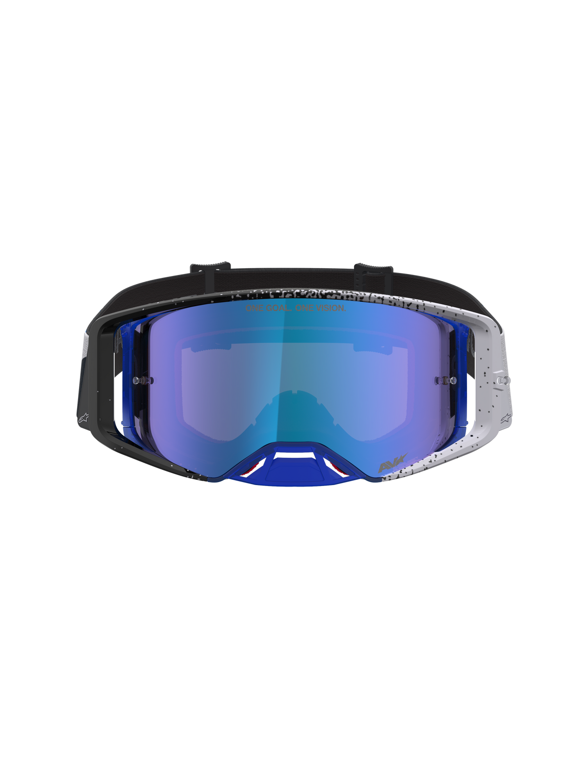 Gogle Alpinestars Supertech Hiten, profesjonalne gogle motocrossowe, niebieskie i czarne, lustrzana soczewka i nakrapiana oprawka, zaawansowana ochrona oczu off-road.