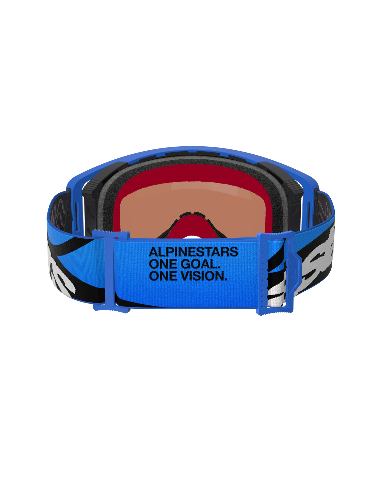Alpinestars Supertech Stream Goggles, Motocross Goggles, Blue Mirror Blue, back view showing blue adjustable strap with black and white graphics and 'ALPINESTARS ONE GOAL. ONE VISION.' text, multi-layer face foam for comfort and seal