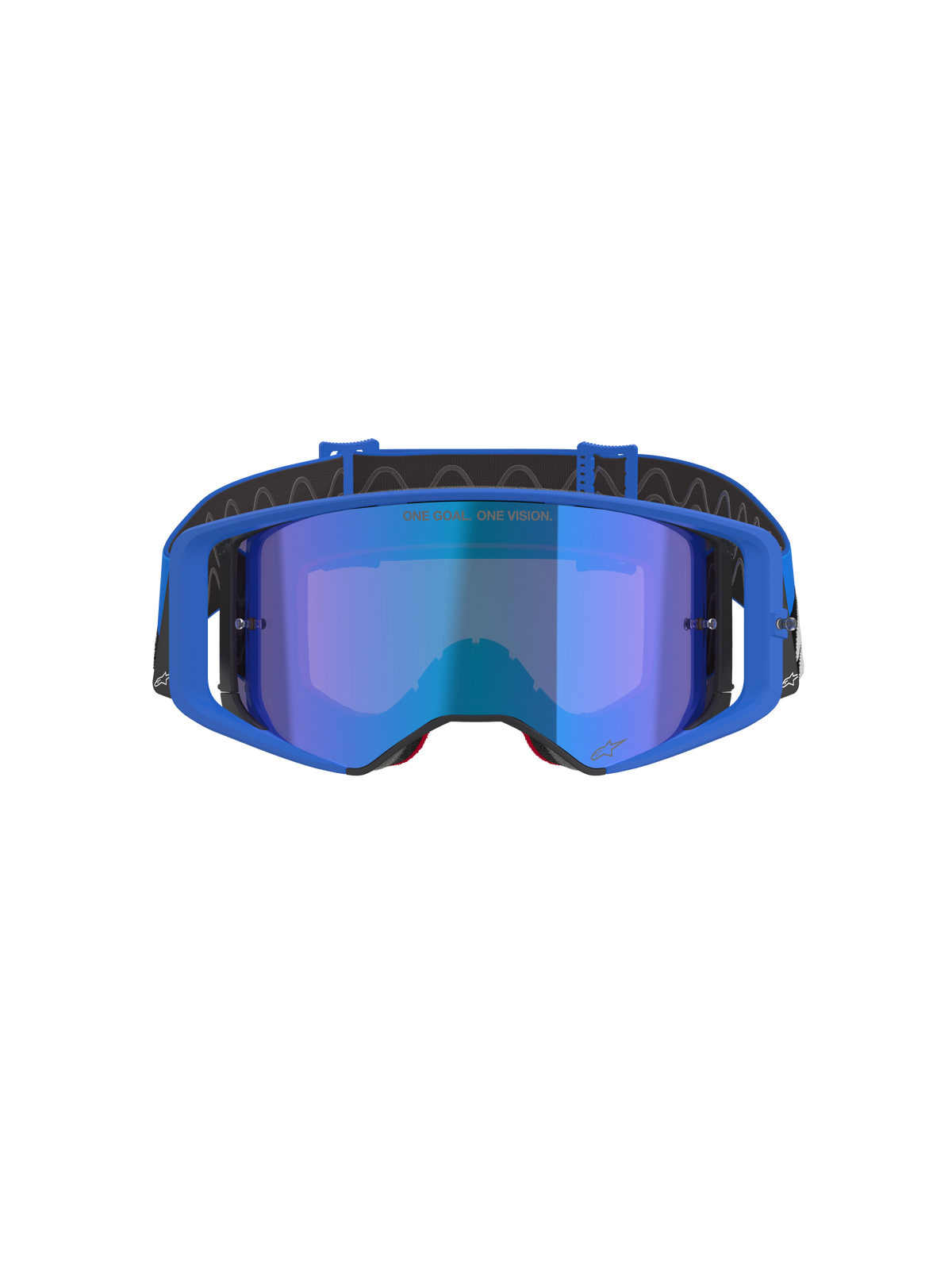 Alpinestars Supertech Stream Goggles, Motocross Goggles, Blue Mirror lens with Blue frame, front-facing view, black strap with white logo, featuring 'ONE GOAL... ONE VISION.' text on the lens, high-performance off-road racing eyewear