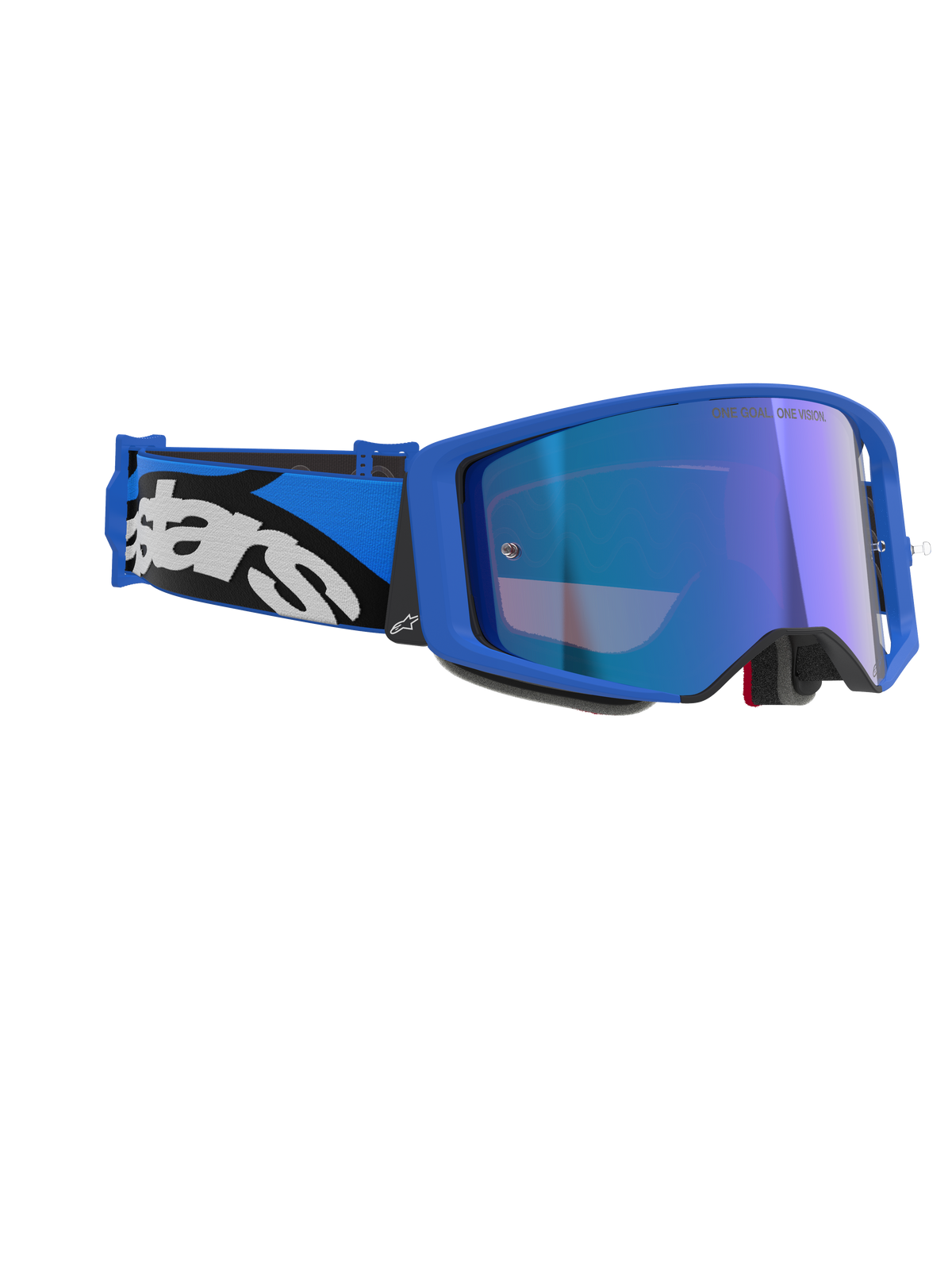Alpinestars Supertech Stream Goggles, Blue Mirror Blue, motocross goggles featuring a blue frame and mirrored blue lens, blue and black adjustable strap with bold white Alpinestars logo, professional off-road racing eyewear.