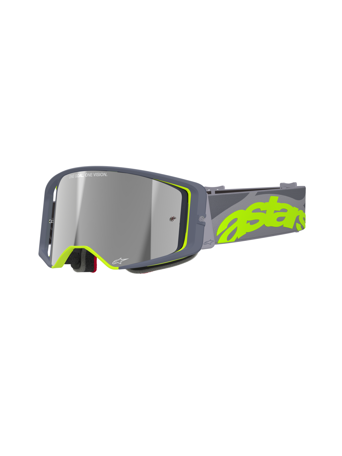 Alpinestars Supertech Stream Goggles, gogle motocrossowe MX, szare i jaskrawożółte, z lustrzanymi srebrnymi soczewkami, szeroką kanciastą oprawką z piankową wyściółką oraz regulowanym paskiem z wyrazistym neonowym brandingiem.