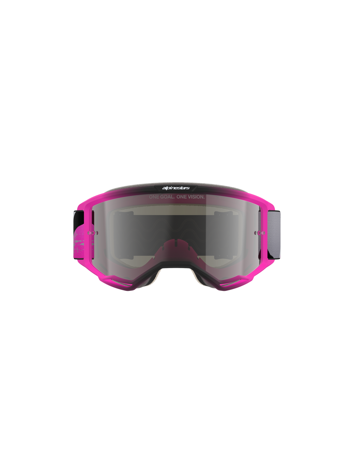 Gogle Alpinestars Vision 5 Lahnd, gogle motocrossowe, kolor Iron Pink Fluo ze srebrną lustrzaną szybką, jaskraworóżowa oprawka, napis „ONE GOAL. ONE VISION.”, smukły aerodynamiczny design do wyścigów off-road