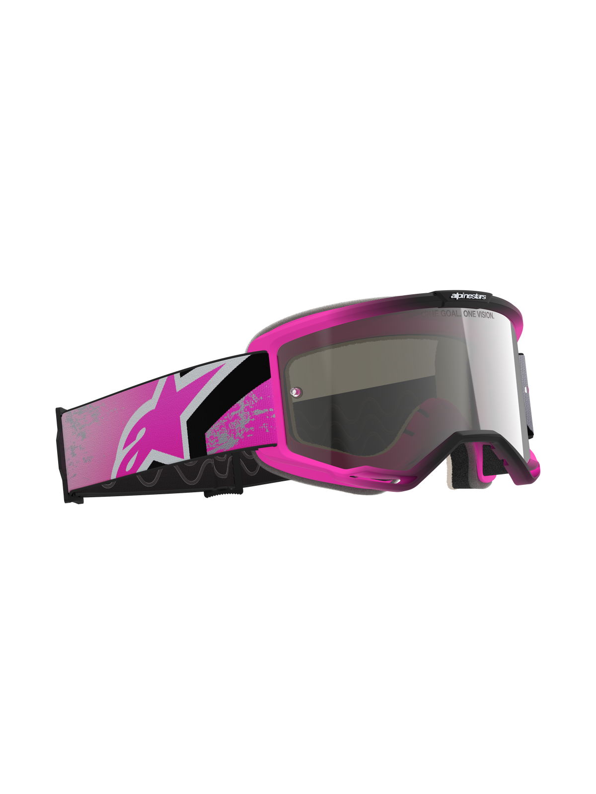 Alpinestars Vision 5 Lahnd Goggles, gogle motocrossowe, Iron Pink Fluo i Mirror Silver, jaskraworóżowa oprawka ze srebrną lustrzaną soczewką, szeroki różowo-czarny pasek z różowym logo Astars, gogle do wyścigów off-road