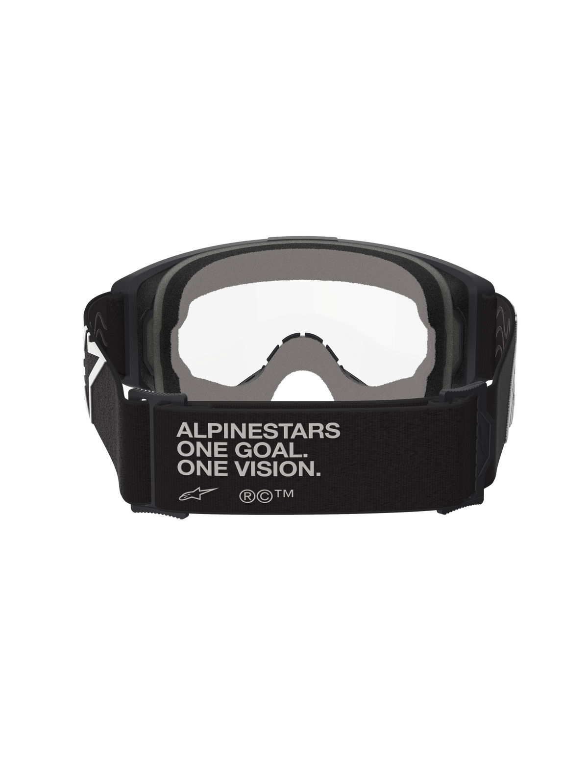 Alpinestars Vision Goggles OTG, gogle motocrossowe, czarno-szare, widok z tyłu ukazujący szeroki, czarny, tkany pasek z hasłem marki, wielowarstwowa szara pianka, przezroczysta soczewka, konstrukcja przystosowana do noszenia na okulary korekcyjne