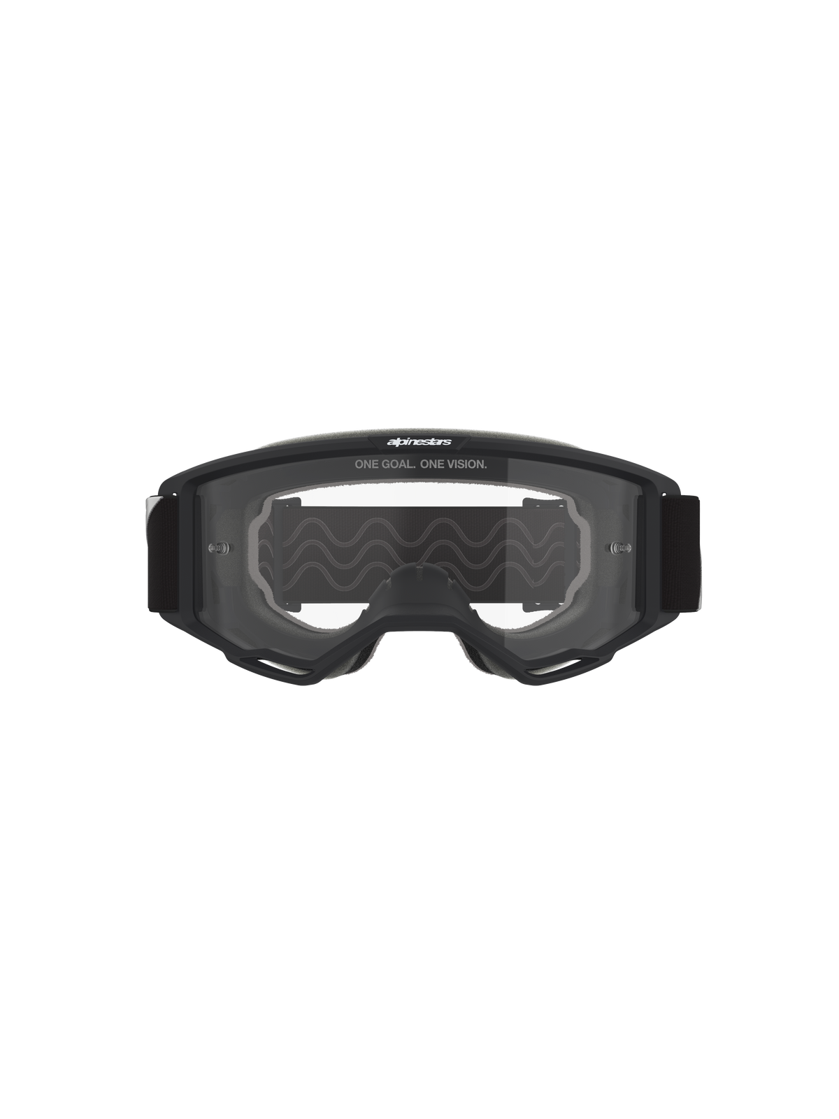 Alpinestars Vision Goggles OTG, gogle motocrossowe, czarna oprawka z przezroczystą szybką, widok z przodu z napisem „ONE GOAL. ONE VISION.” i logo marki, konstrukcja o zwiększonej objętości kompatybilna z okularami korekcyjnymi