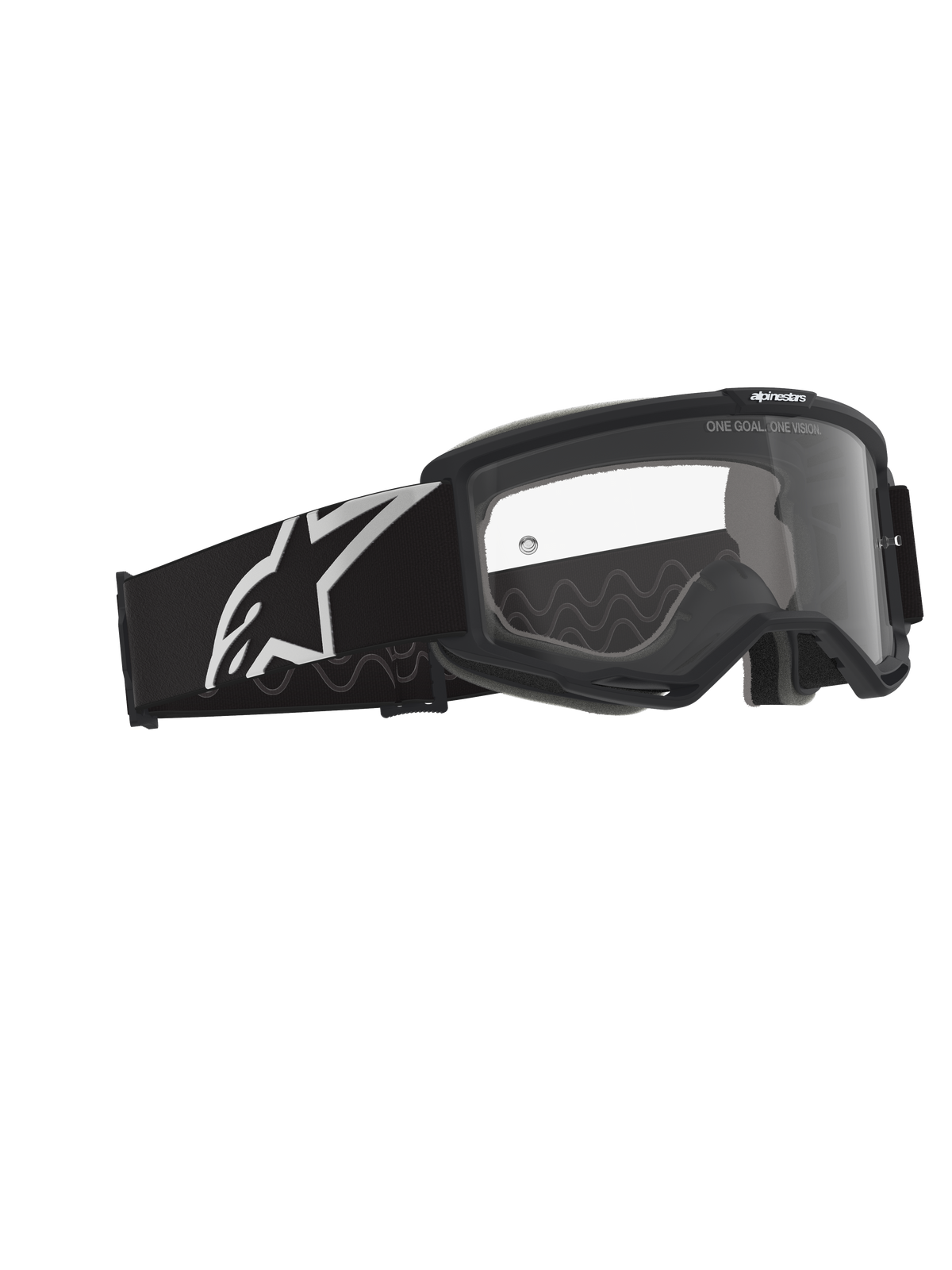 Alpinestars Vision Goggles OTG, gogle motocrossowe, czarno-szare z przezroczystą soczewką, czarna oprawka z szerokim paskiem z białym logo Alpinestars i szarym silikonowym wzorem przyczepności, ramka o dużej objętości zaprojektowana do okularów korekcyjnych, soczewka przeciwmgielna z detalami marki.