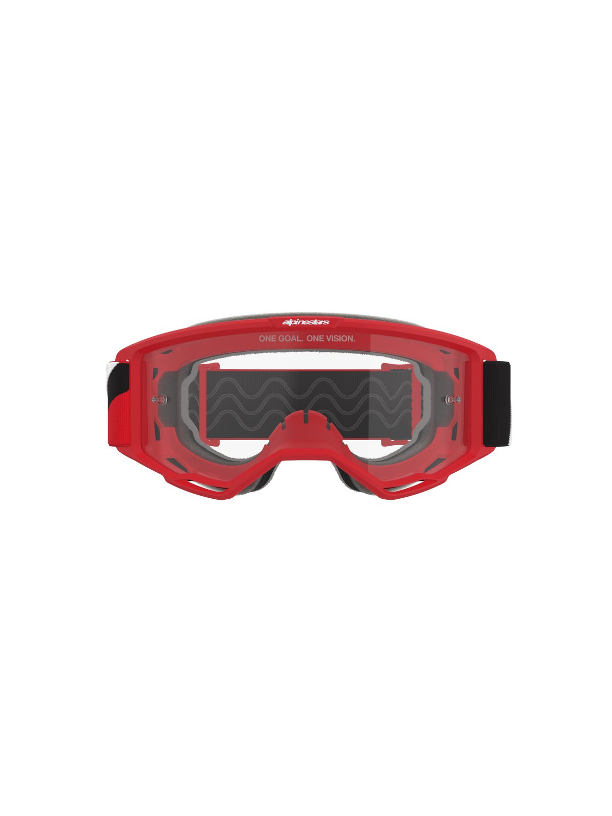 Alpinestars Vision Goggles OTG, Motocross Goggles, Red frame with clear anti-fog lens, front view featuring 'ONE GOAL. ONE VISION.' slogan, wide black strap, high-performance eye protection for off-road racing