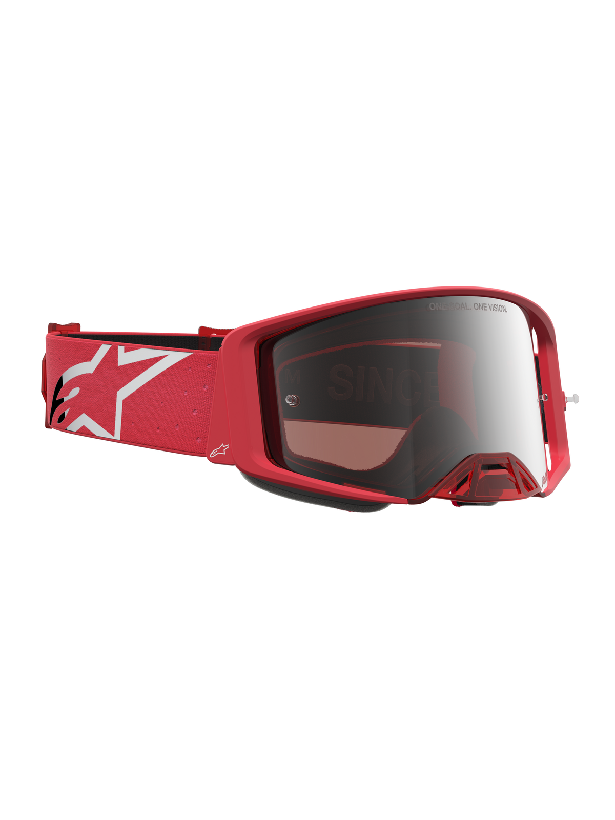 Gogle Alpinestars Supertech Vesta, gogle motocrossowe, czerwone fluo i srebrne lustrzane, pasek z białym logo gwiazdy.