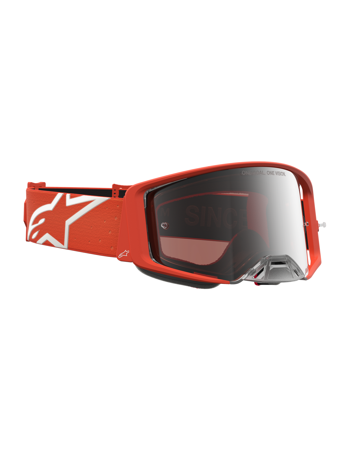 Gogle Alpinestars Supertech Vesta, motocrossowe, pomarańczowe ze srebrną lustrzaną szybką, pasek z białym logo gwiazdy.