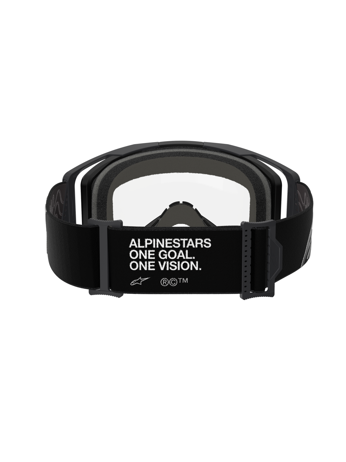 Alpinestars Vision 8 Corp Goggles, Black Clear, rear view featuring the black adjustable strap with white "ALPINESTARS ONE GOAL. ONE VISION." text, gray multi-layer face foam, and clear polycarbonate lens, performance motocross eyewear