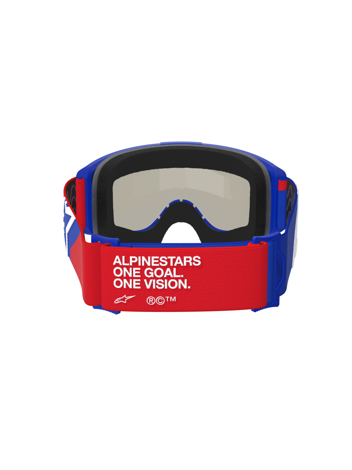 Gogle Alpinestars Vision Sand, niebiesko-czerwono-białe, widok od tyłu z czerwonym paskiem z białym napisem „ALPINESTARS ONE GOAL. ONE VISION.”, niebieska oprawka z grubą czarną wyściółką z pianki, ciemna dymna soczewka widoczna od wewnątrz, wysokowydajne gogle motocrossowe