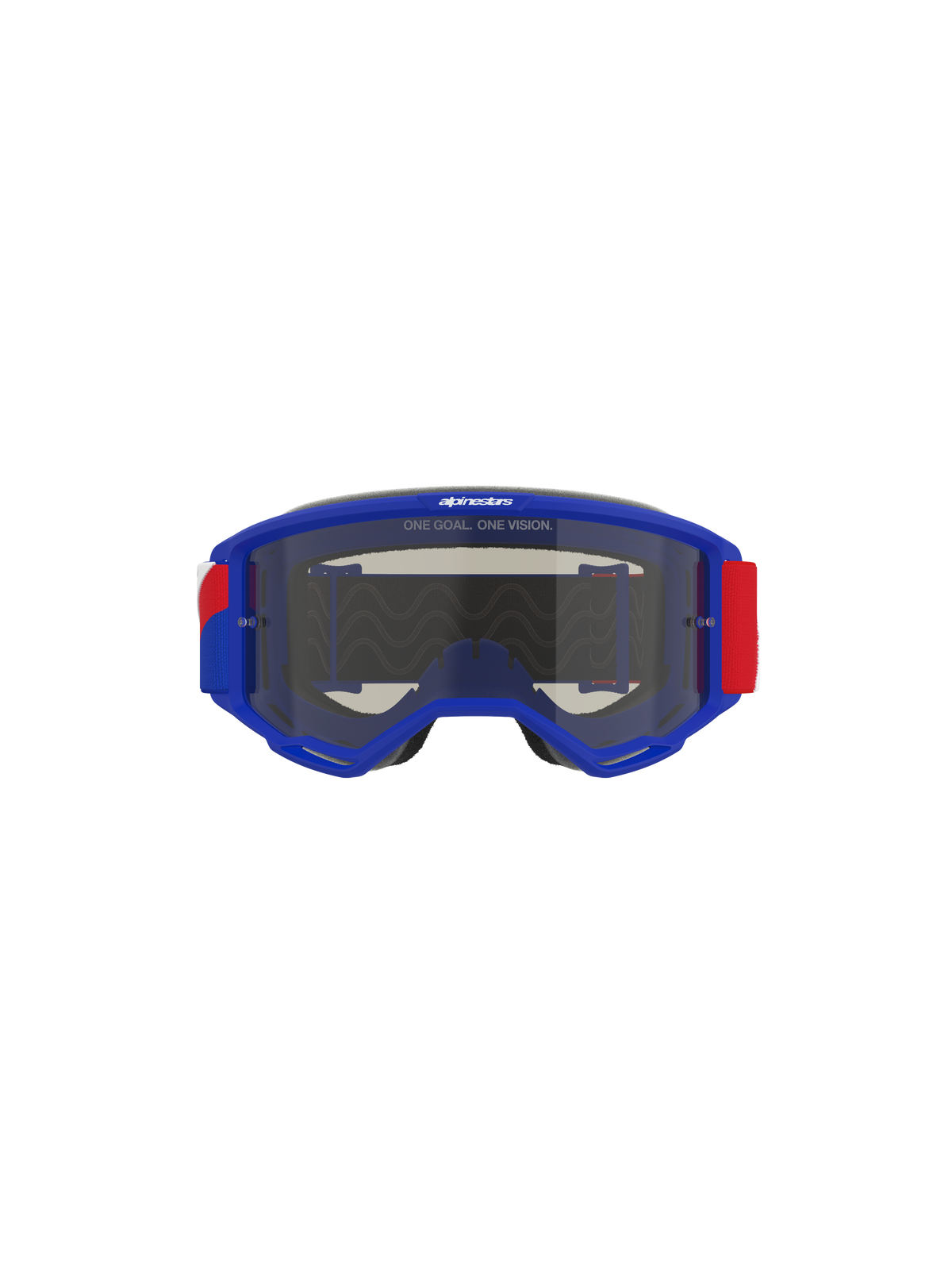 Gogle Alpinestars Vision Sand, niebieska oprawka z czerwonymi i białymi akcentami na pasku, przyciemniana soczewka Dark Smoke, z hasłem „ONE GOAL. ONE VISION.” na górze, wysokiej klasy gogle motocrossowe zapewniające ochronę na pustyni i w terenie off-road