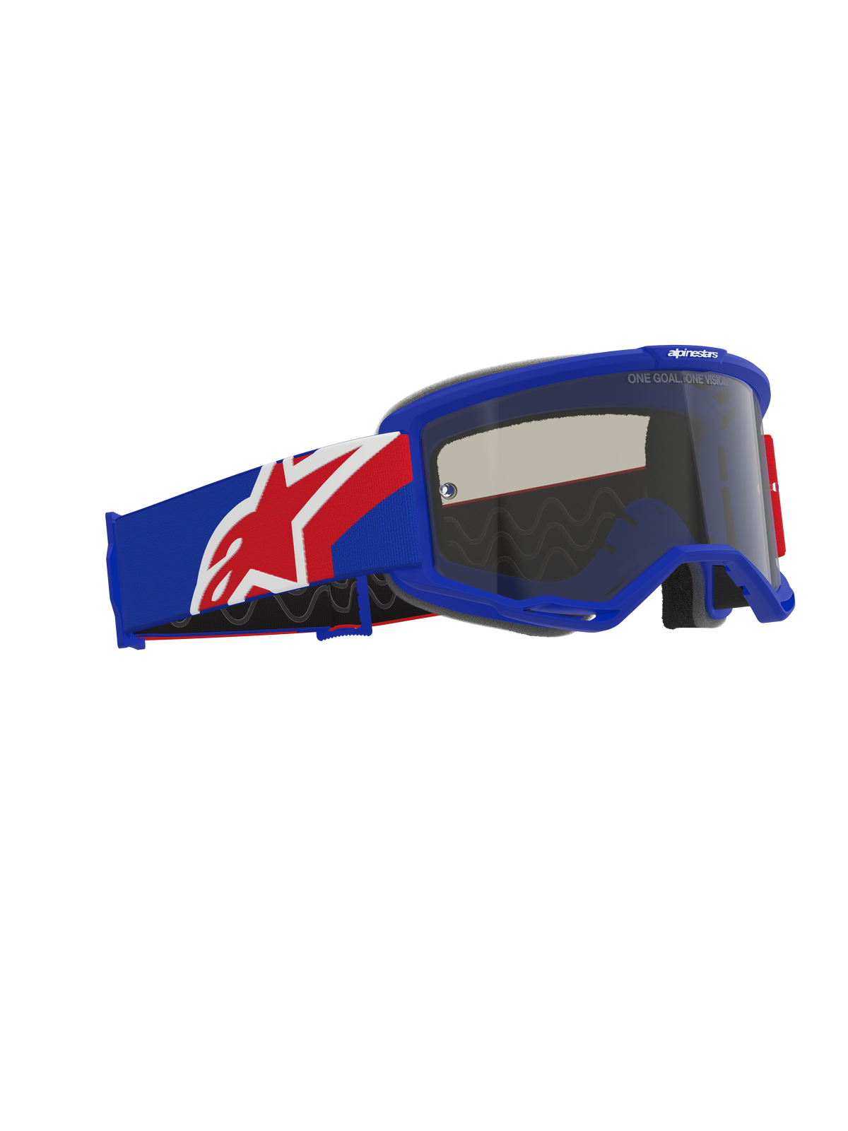 Alpinestars Vision Sand Goggles, gogle motocrossowe off-road, niebiesko-czerwono-biała oprawka i pasek, ciemna dymna soczewka, szeroki pasek z silikonowym wykończeniem i ergonomiczna pianka.