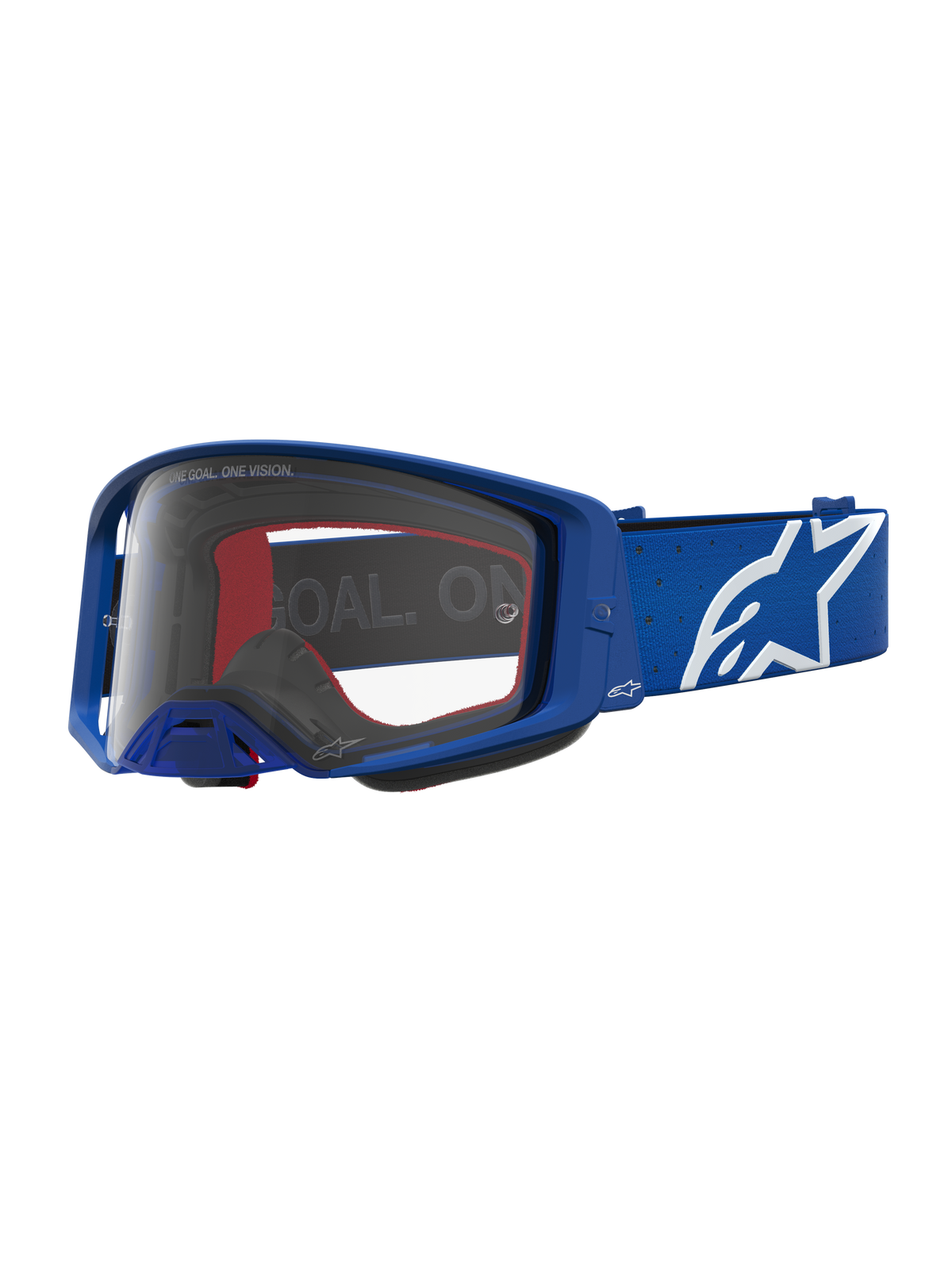 Gogle Alpinestars Supertech Vesta, niebieskie i białe gogle motocrossowe, przezroczysta soczewka i białe logo gwiazdy.