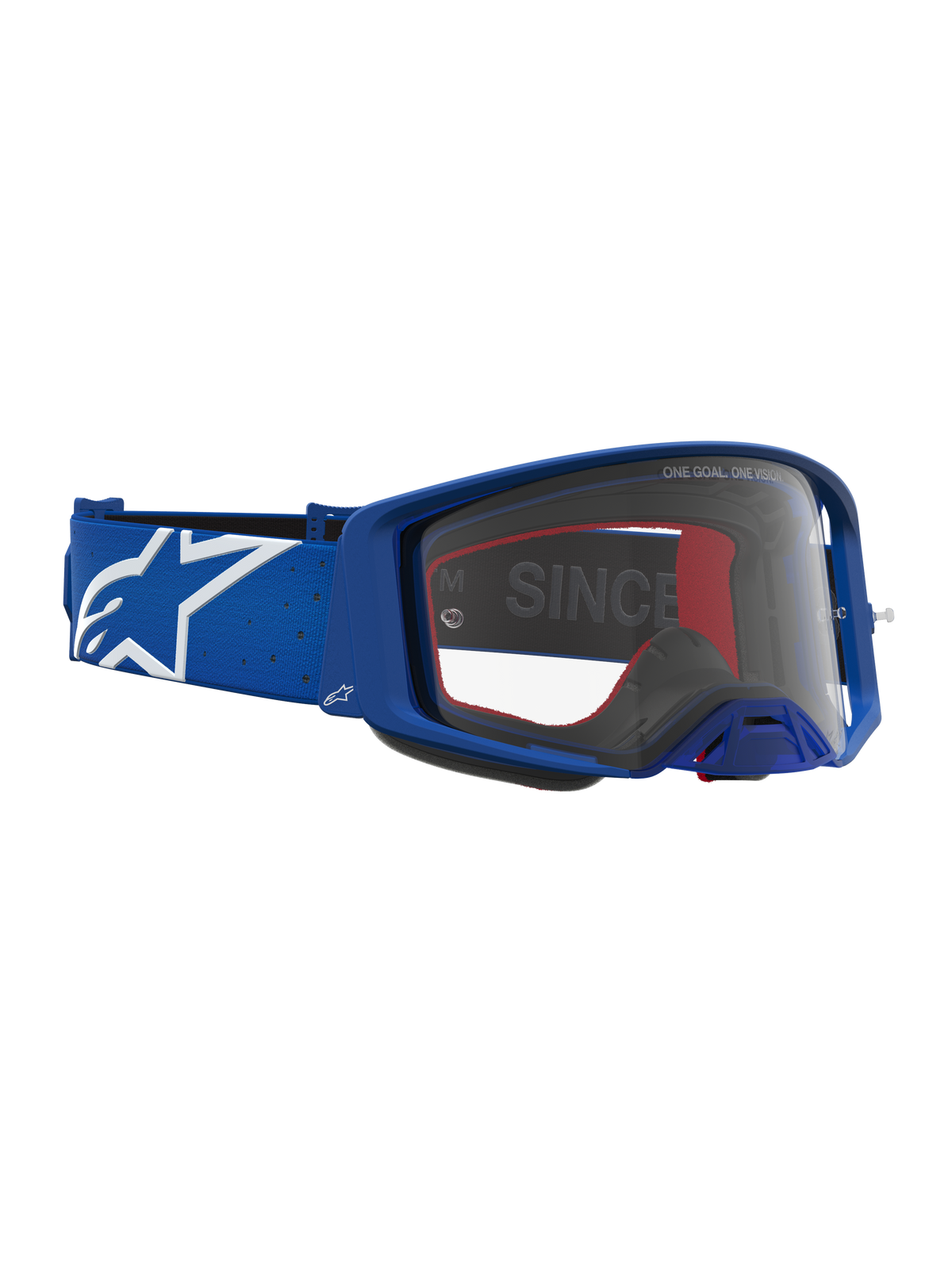 Alpinestars Gogle Supertech Vesta, niebiesko-białe gogle motocrossowe z przeźroczystą soczewką i logo Astars na pasku.