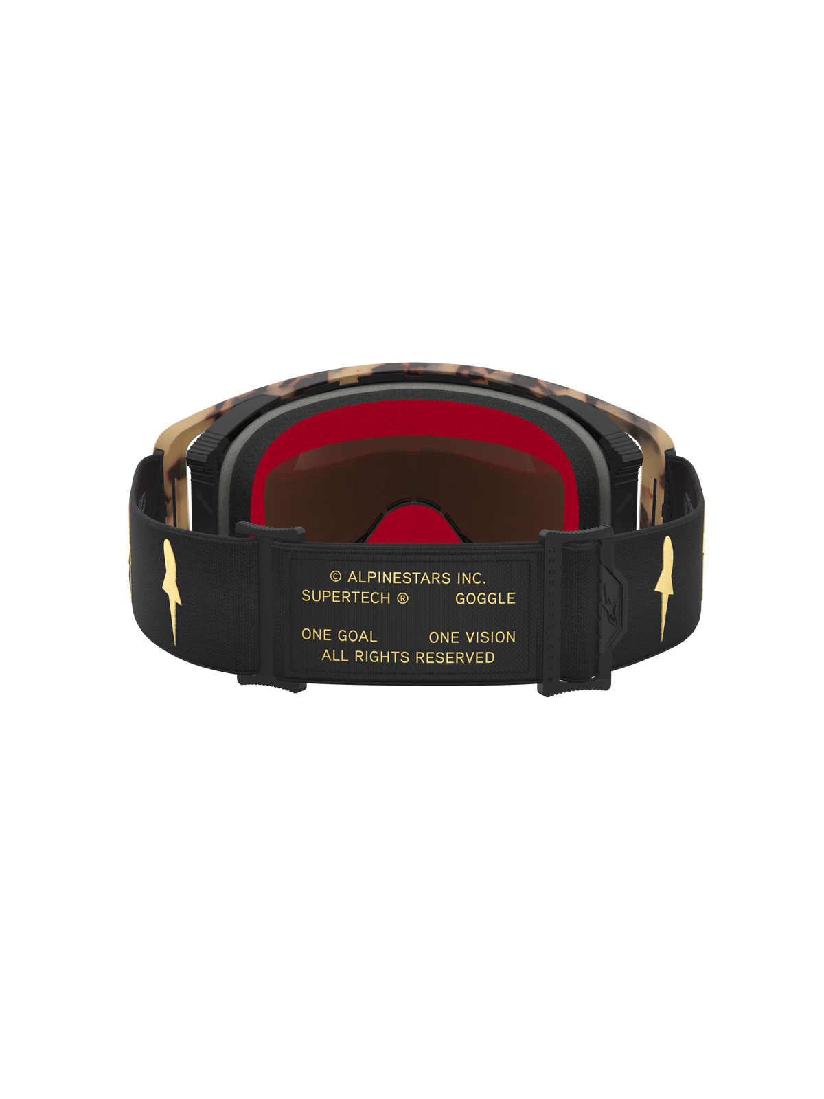Alpinestars Limited Edition Supertech Zona Goggles, Motocross Goggles, Black and Brown, mirror gold lens, rear view showing strap branding and gold details