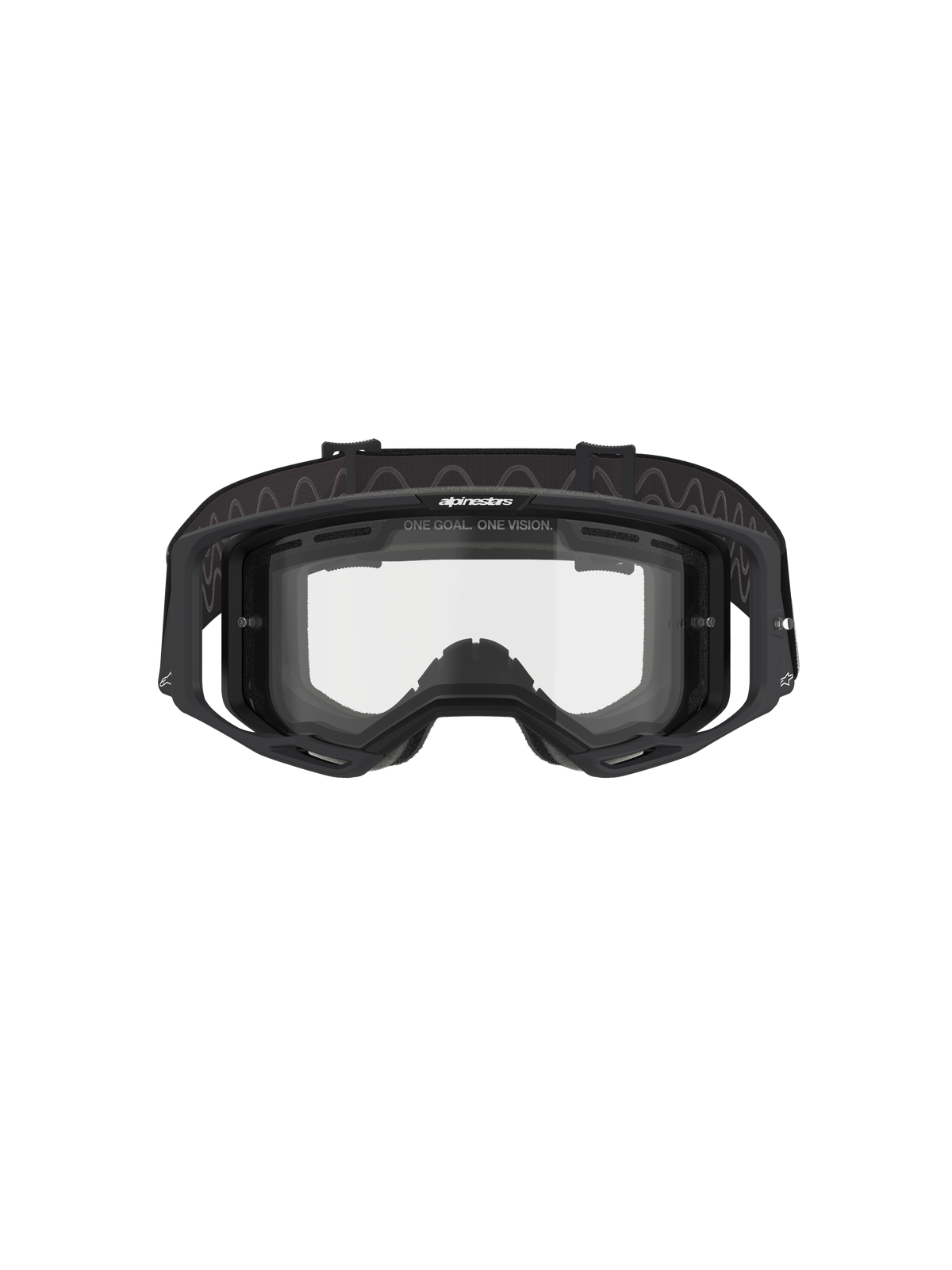 Alpinestars Vision 8 Corp Goggles - Dual Pane, gogle motocrossowe, czarna ramka z przezroczystą podwójną szybką, widok z przodu ukazujący system outrigger oraz branding „ONE GOAL. ONE VISION.”, techniczna ochrona oczu do wyścigów terenowych