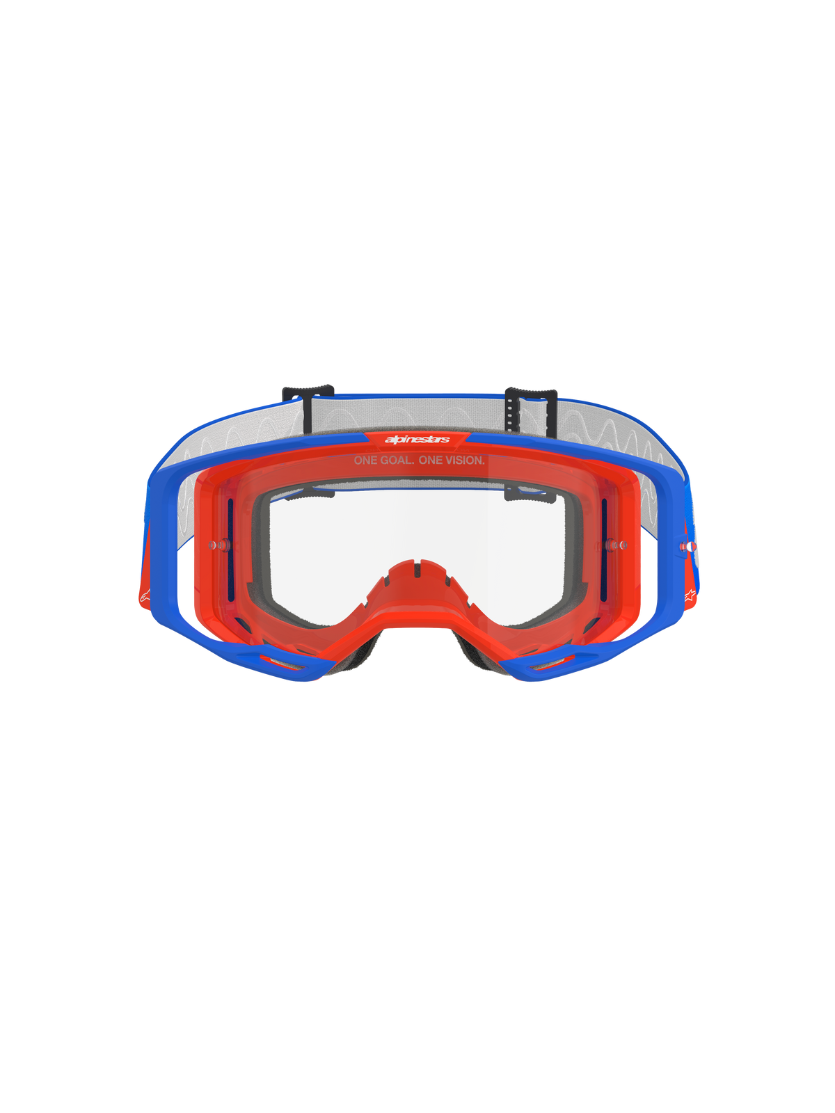Gogle Alpinestars Vision 8 Wordmark, gogle motocrossowe, niebiesko-pomarańczowe z przezroczystą soczewką, widok z przodu, dwukolorowa elastyczna oprawka, szerokie pole widzenia peryferyjnego, napis „One Goal. One Vision.” na górnej wewnętrznej części oprawki