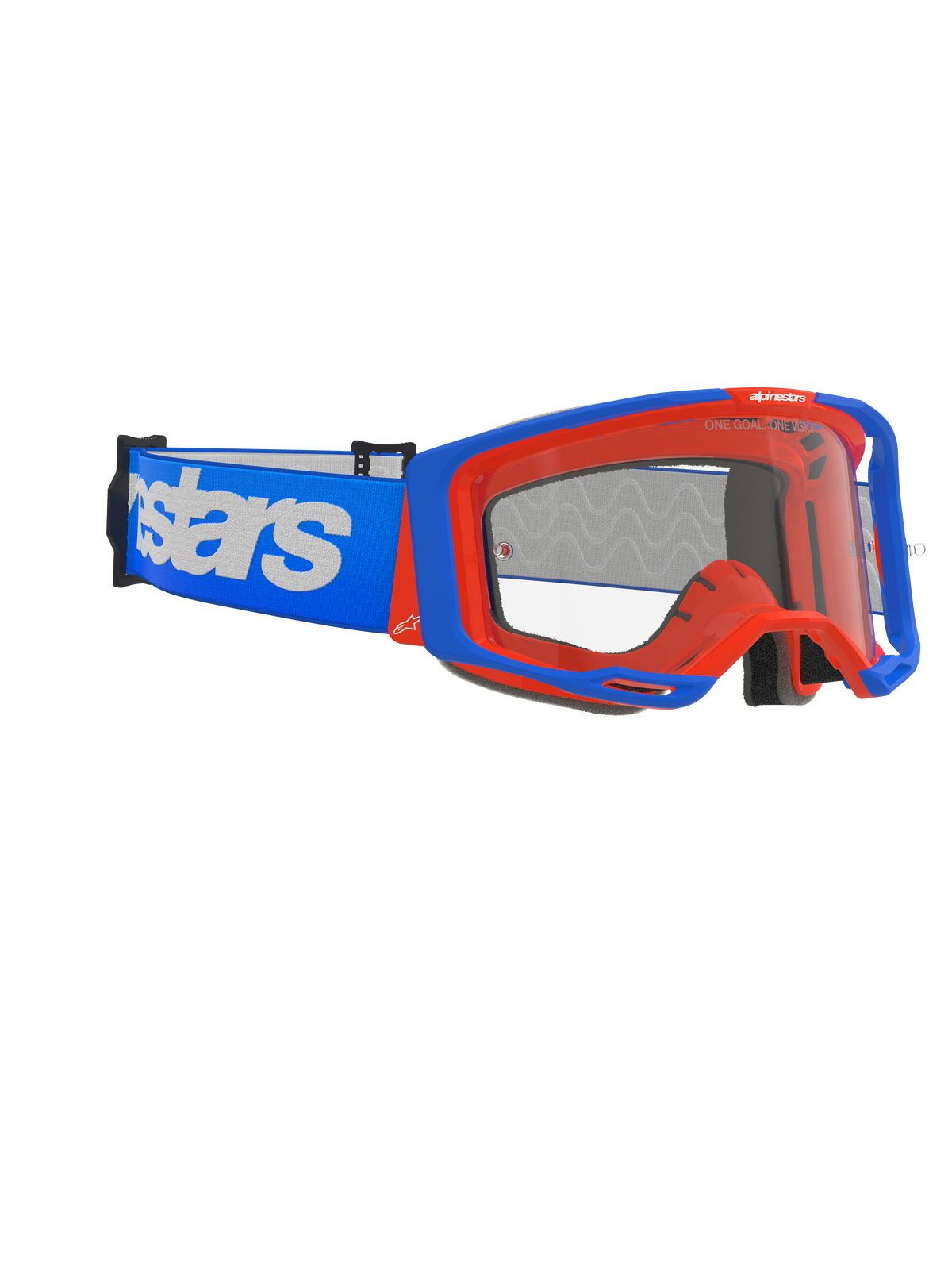 Alpinestars Vision 8 Wordmark Goggles, gogle motocrossowe, niebiesko-pomarańczowe, przezroczysta soczewka przeciwmgielna, szeroki niebieski pasek z białym brandingiem Alpinestars, kanciasta oprawka z systemem outrigger, wysokowydajne gogle do wyścigów terenowych
