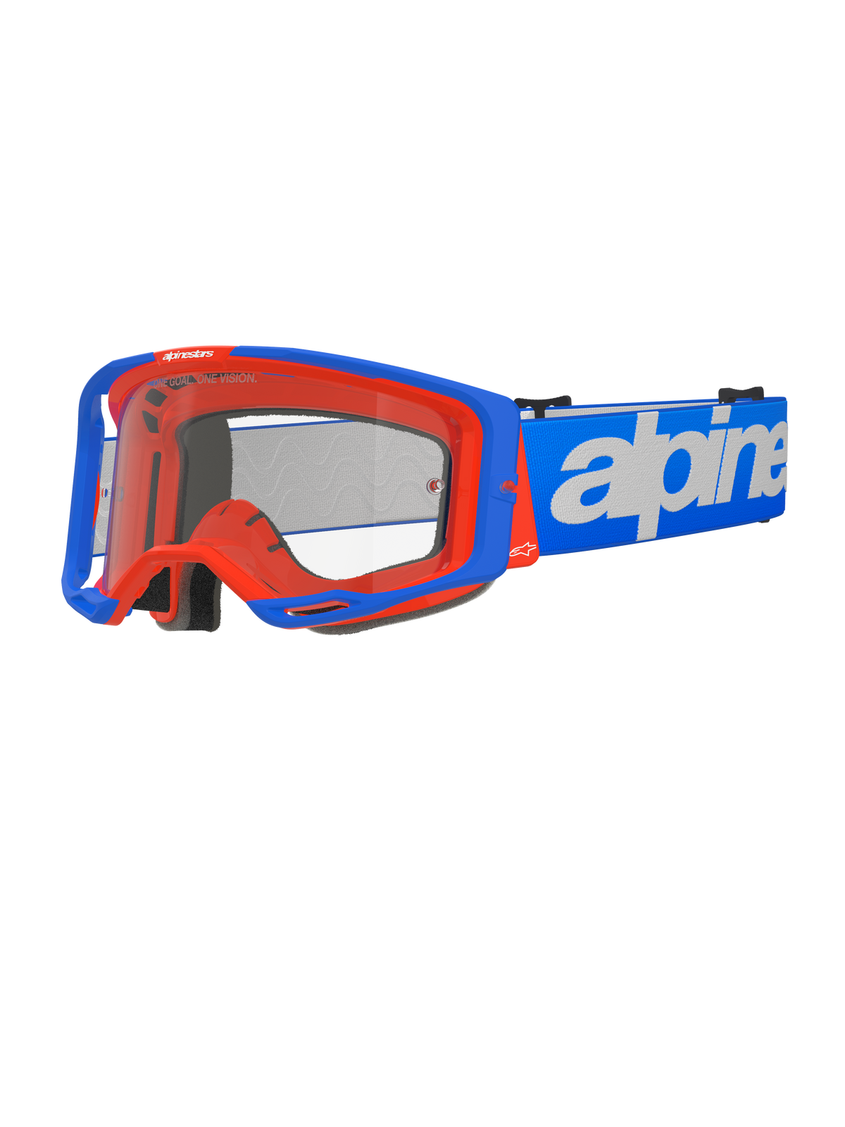 Gogle Alpinestars Vision 8 Wordmark, gogle motocrossowe, niebieskie i pomarańczowe, przezroczysta szybka, szeroki niebieski pasek z białym napisem Alpinestars, czarna piankowa wyściółka, sportowy design z widocznymi otworami wentylacyjnymi zapewniającymi wydajność w terenie