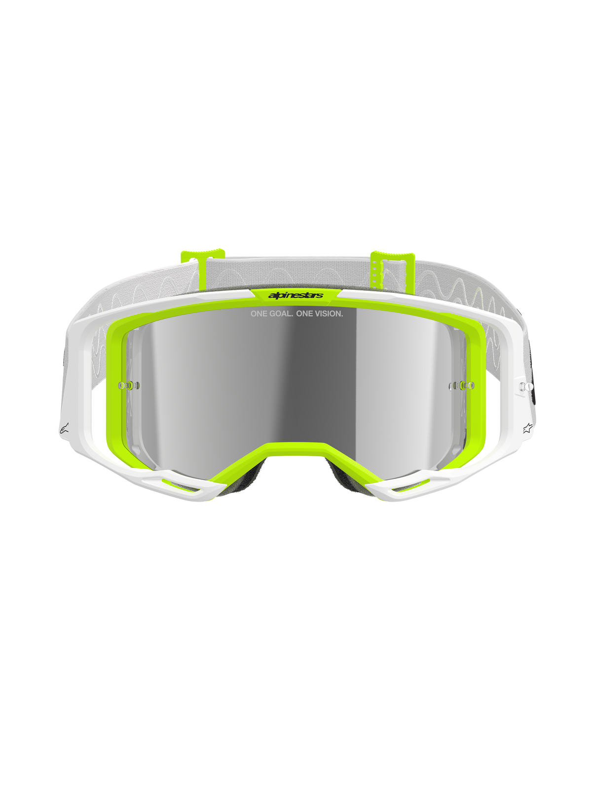 Alpinestars Vision 8 Wordmark Goggles, gogle motocrossowe, białe i żółte fluo, srebrna lustrzana soczewka z napisem „ONE GOAL. ONE VISION.”, szerokie pole widzenia, biały pasek z szarymi akcentami, wyczynowe gogle off-road