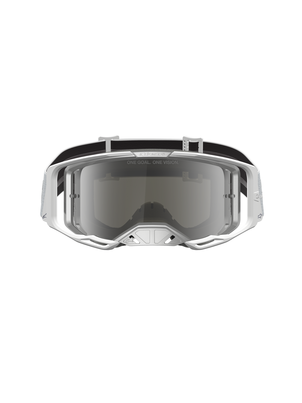 Gogle Alpinestars Vision 8 Amber, białe i srebrne gogle motocrossowe z lustrzaną soczewką przeciwmgielną i oprawką A-FLEX.