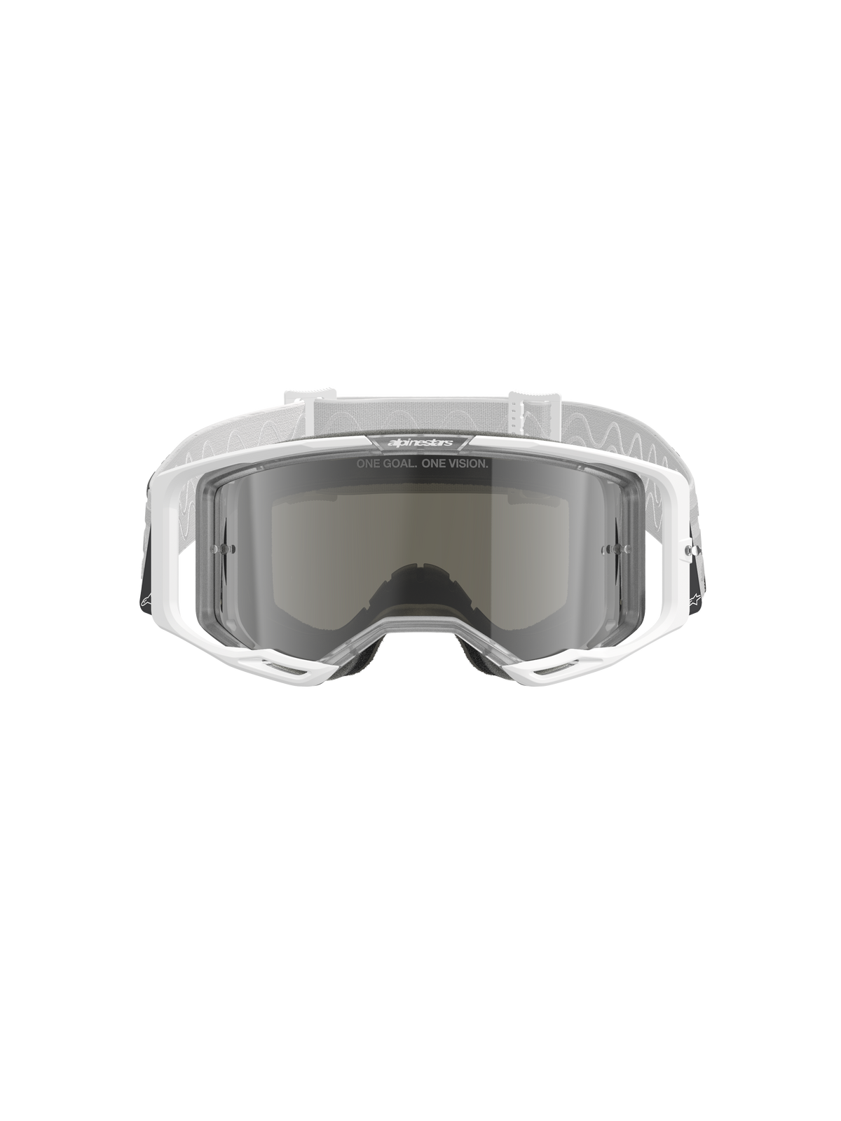 Alpinestars Vision 8 Corp Goggles, gogle motocrossowe, białe z lustrzaną srebrną soczewką, widok z przodu przedstawiający szerokokątną soczewkę poliwęglanową, system wentylacji RAM-AIR i biały tkany pasek z logo