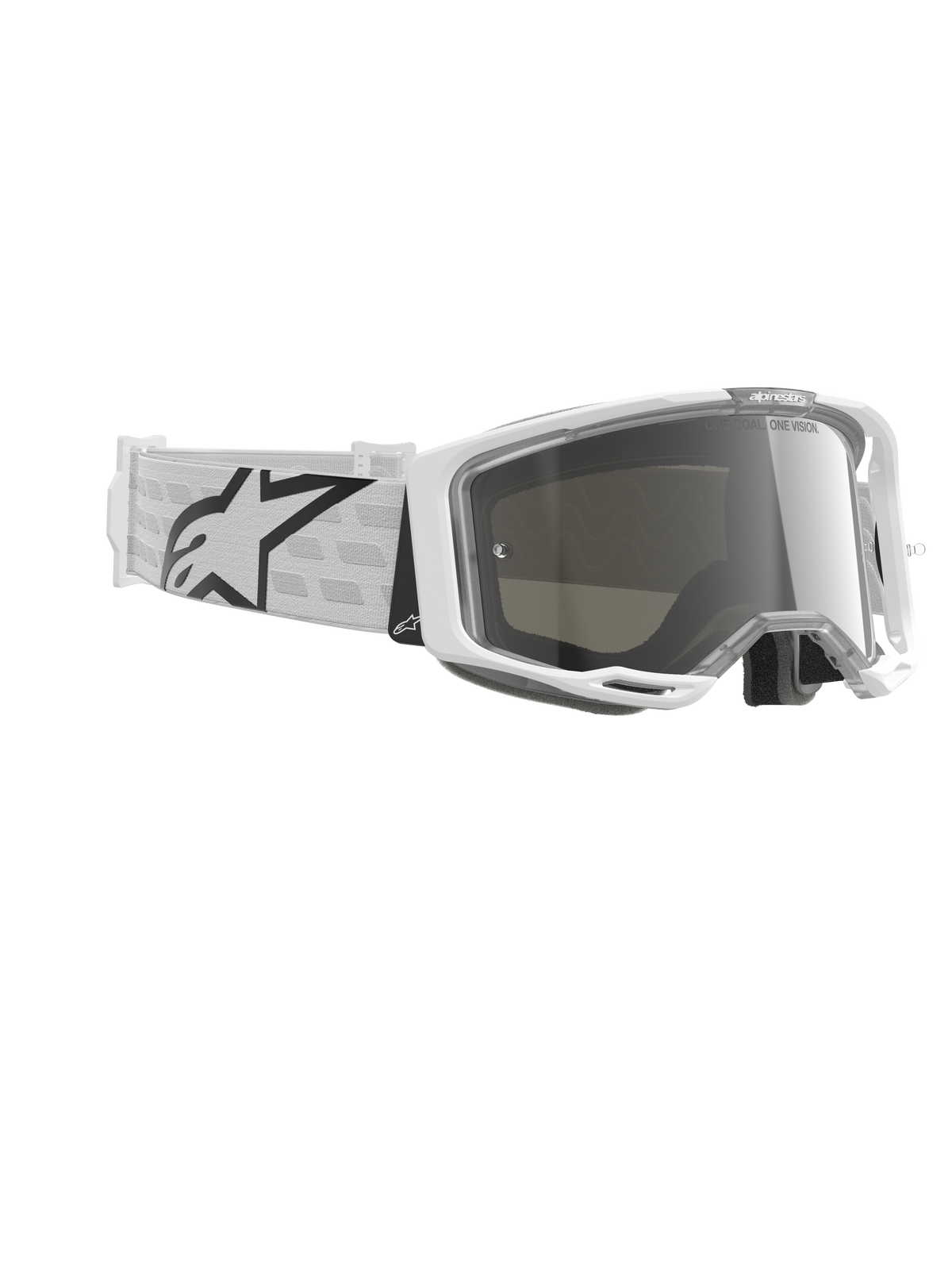 Alpinestars Vision 8 Corp Goggles, gogle motocrossowe, białe i srebrne lustrzane, wyposażone w białą ramkę A-FLEX, srebrną lustrzaną soczewkę oraz biały tkany pasek z dużym czarnym logo gwiazdy Alpinestars