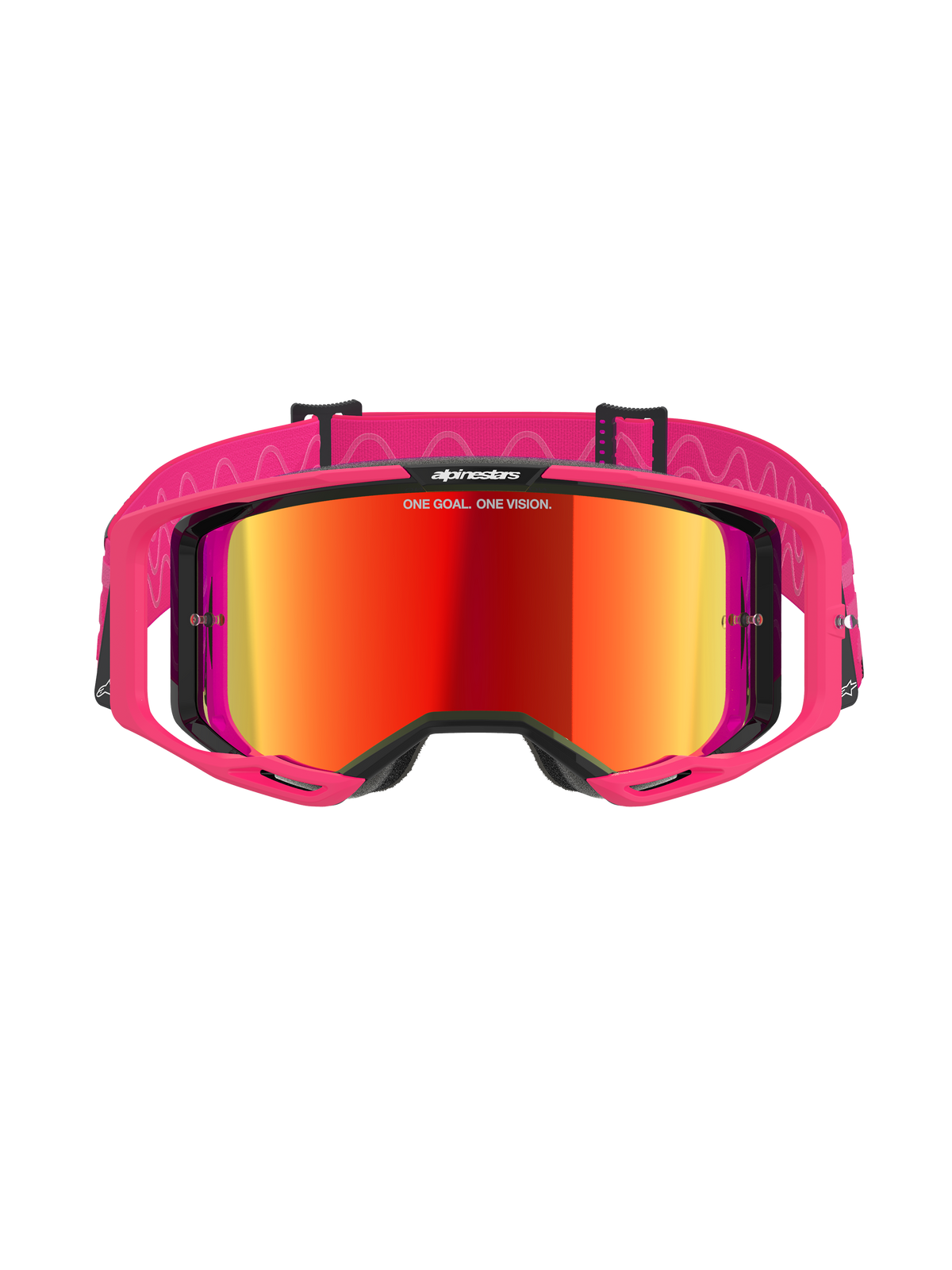 Alpinestars Vision 8 Corp Goggles, Motocross Goggles, Pink Mirror Red, featuring a pink A-FLEX frame and mirrored red lens, pink strap with white wavy patterns and logo, professional off-road racing eyewear