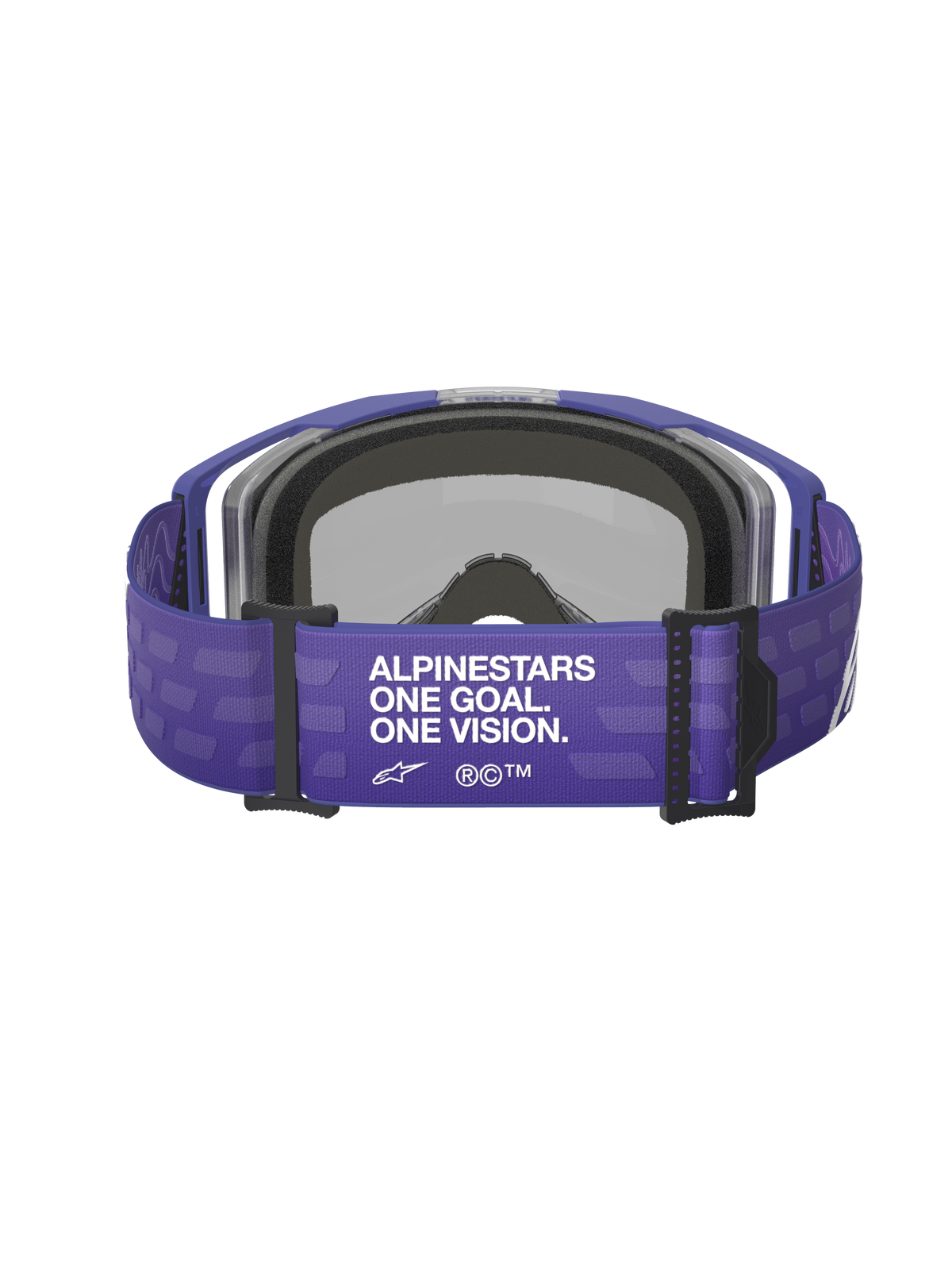 Gogle Alpinestars Vision 8 Corp, fioletowe, widok z tyłu z szerokim fioletowym paskiem z białym napisem „ALPINESTARS ONE GOAL. ONE VISION.”, czarne elementy i szara pianka, gogle motocrossowe