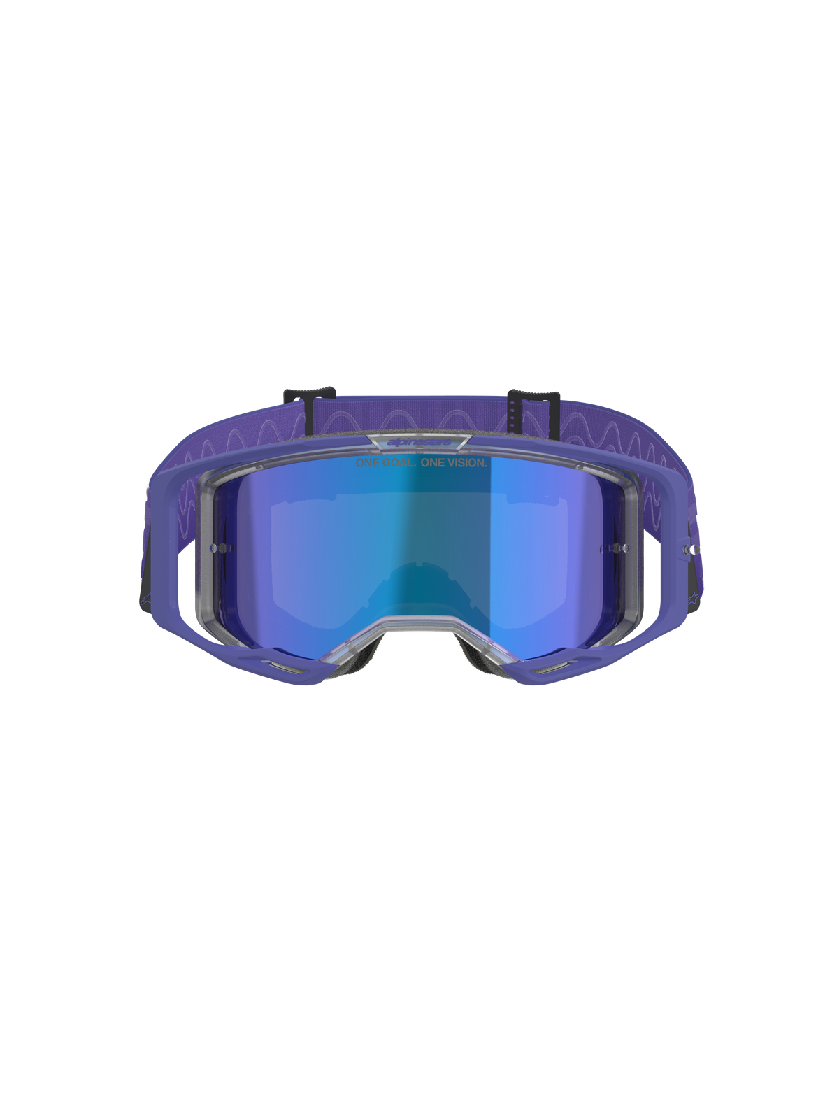Alpinestars Vision 8 Corp Goggles, gogle motocrossowe, fioletowa oprawka z niebieską lustrzaną szybką, fioletowy pasek z falistym wzorem, wysokowydajna ochrona oczu do wyścigów off-road